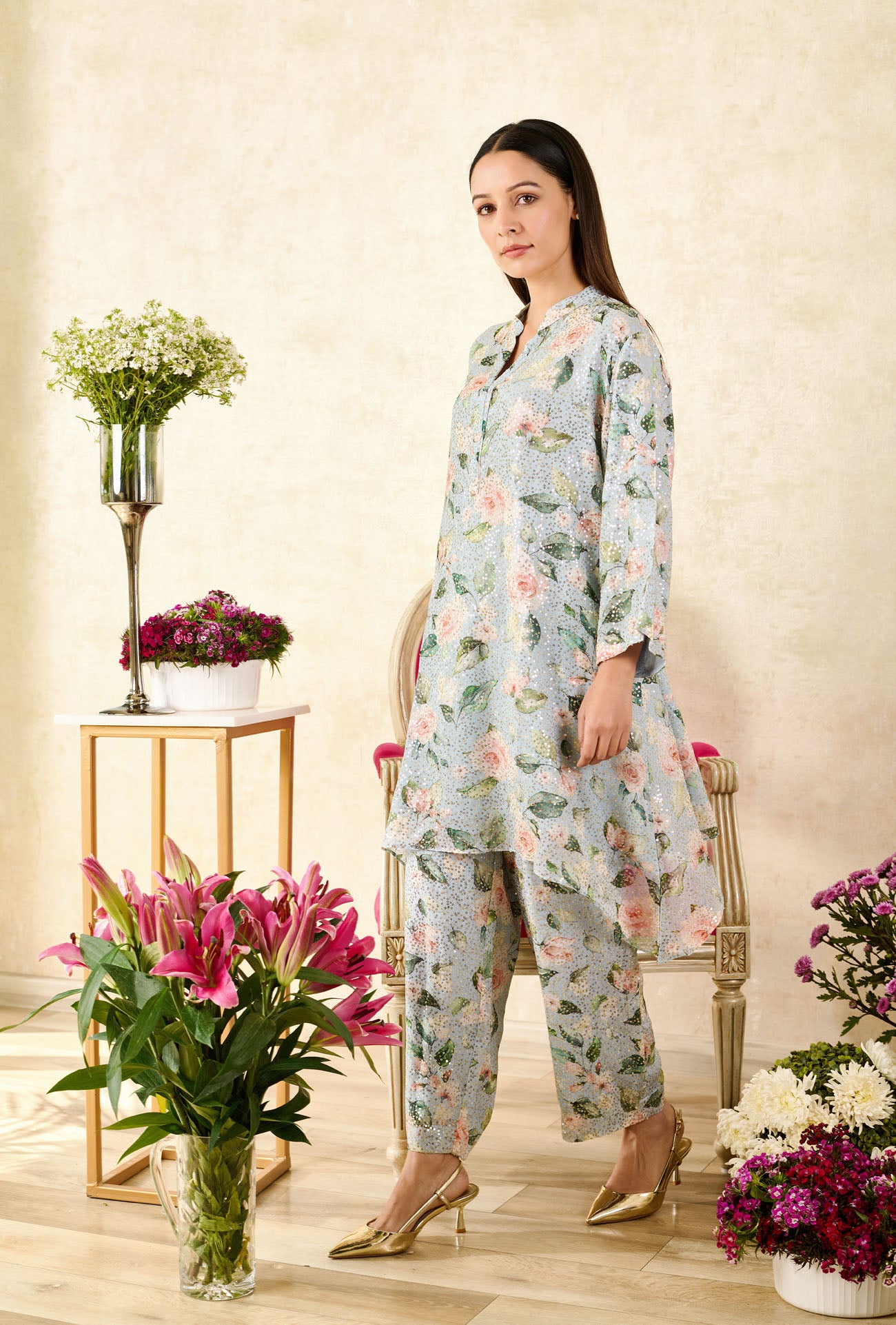 Blue Sequins Georgette Printed Rose Mandarin Collar Asymmetric Tunic With Pant