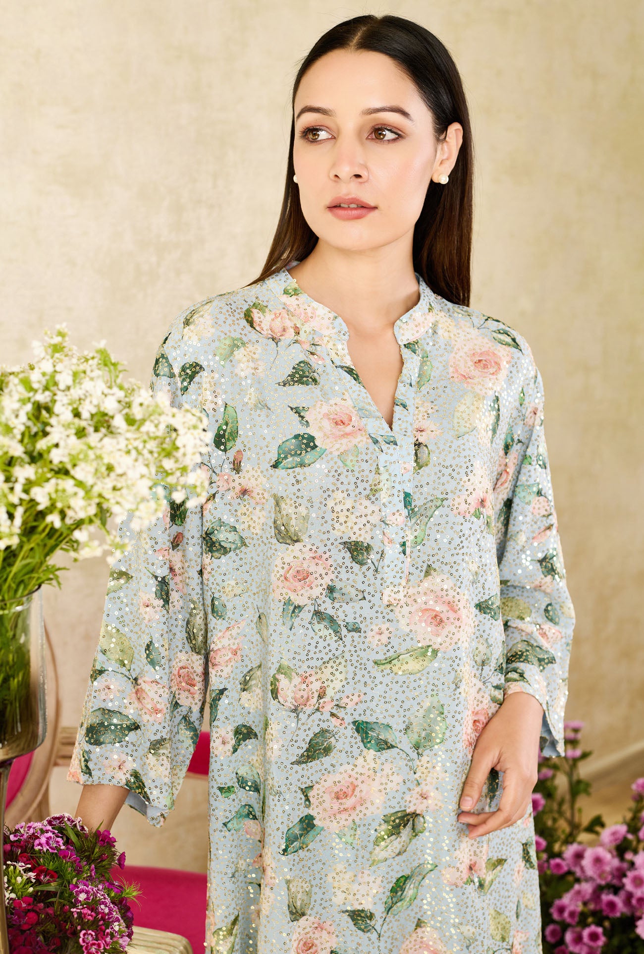 Blue Sequins Georgette Printed Rose Mandarin Collar Asymmetric Tunic With Pant