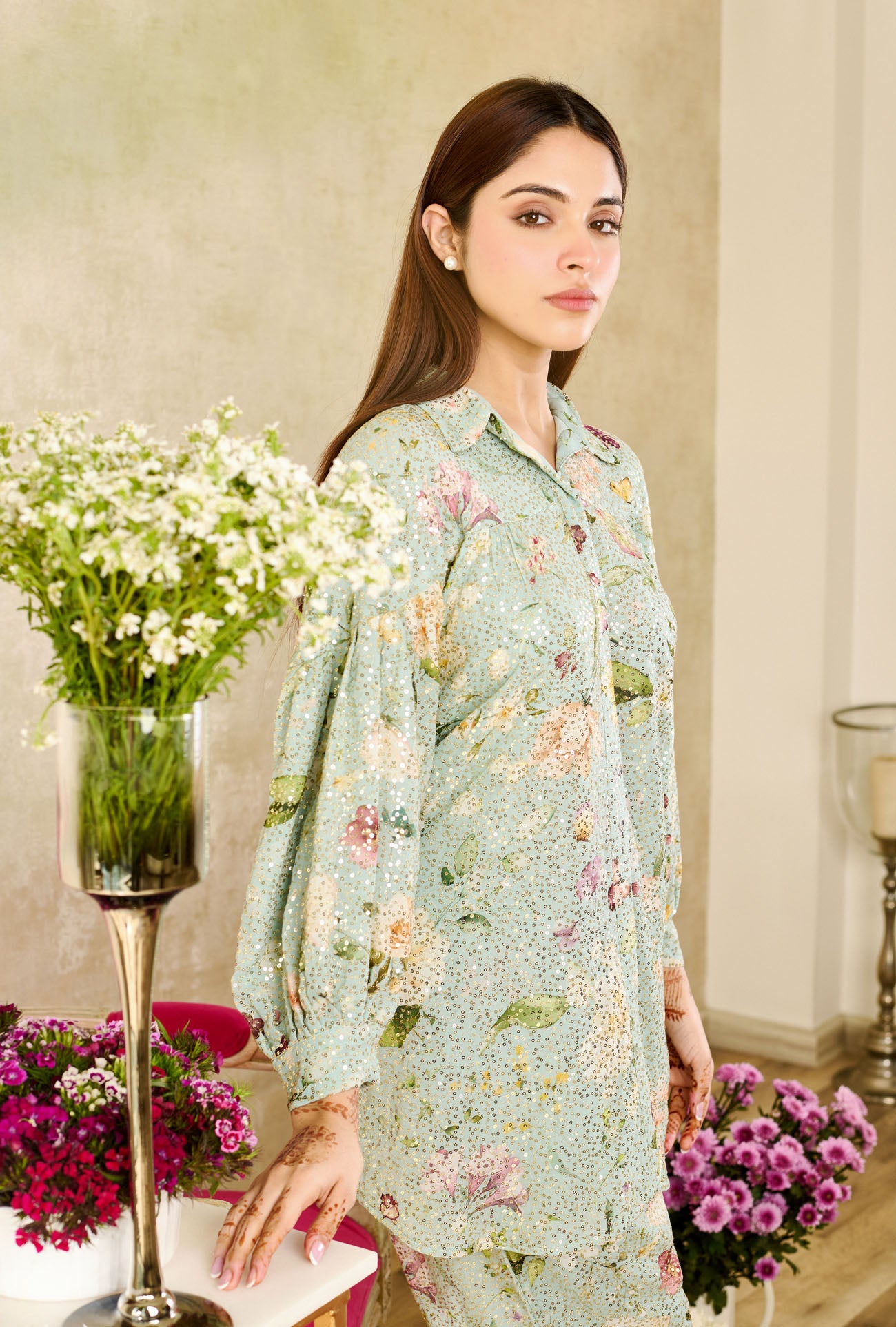 Olive Sequins Georgette Printed Rose Mandarin Collar Asymmetric Tunic With Pant