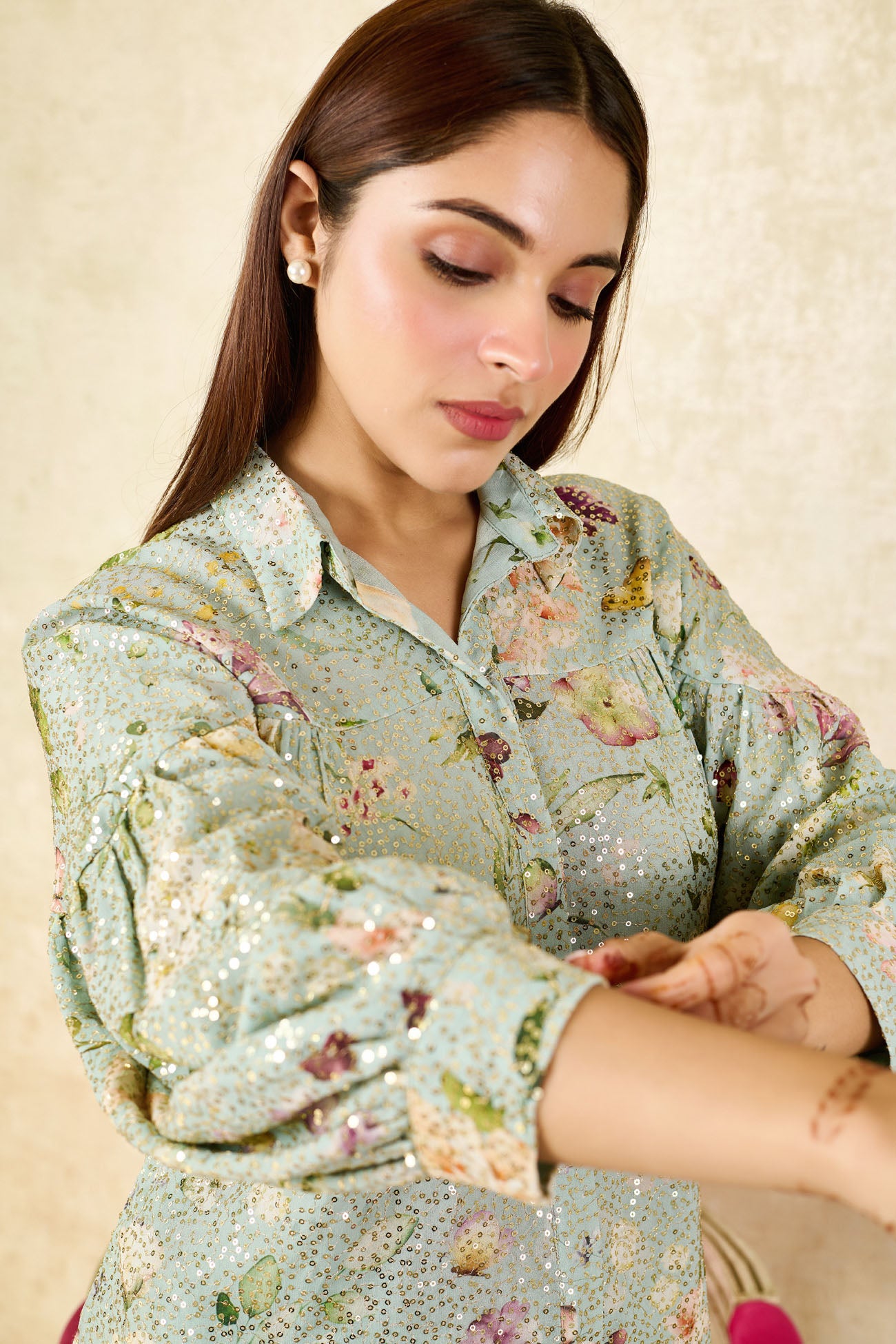 Olive Sequins Georgette Printed Rose Mandarin Collar Asymmetric Tunic With Pant