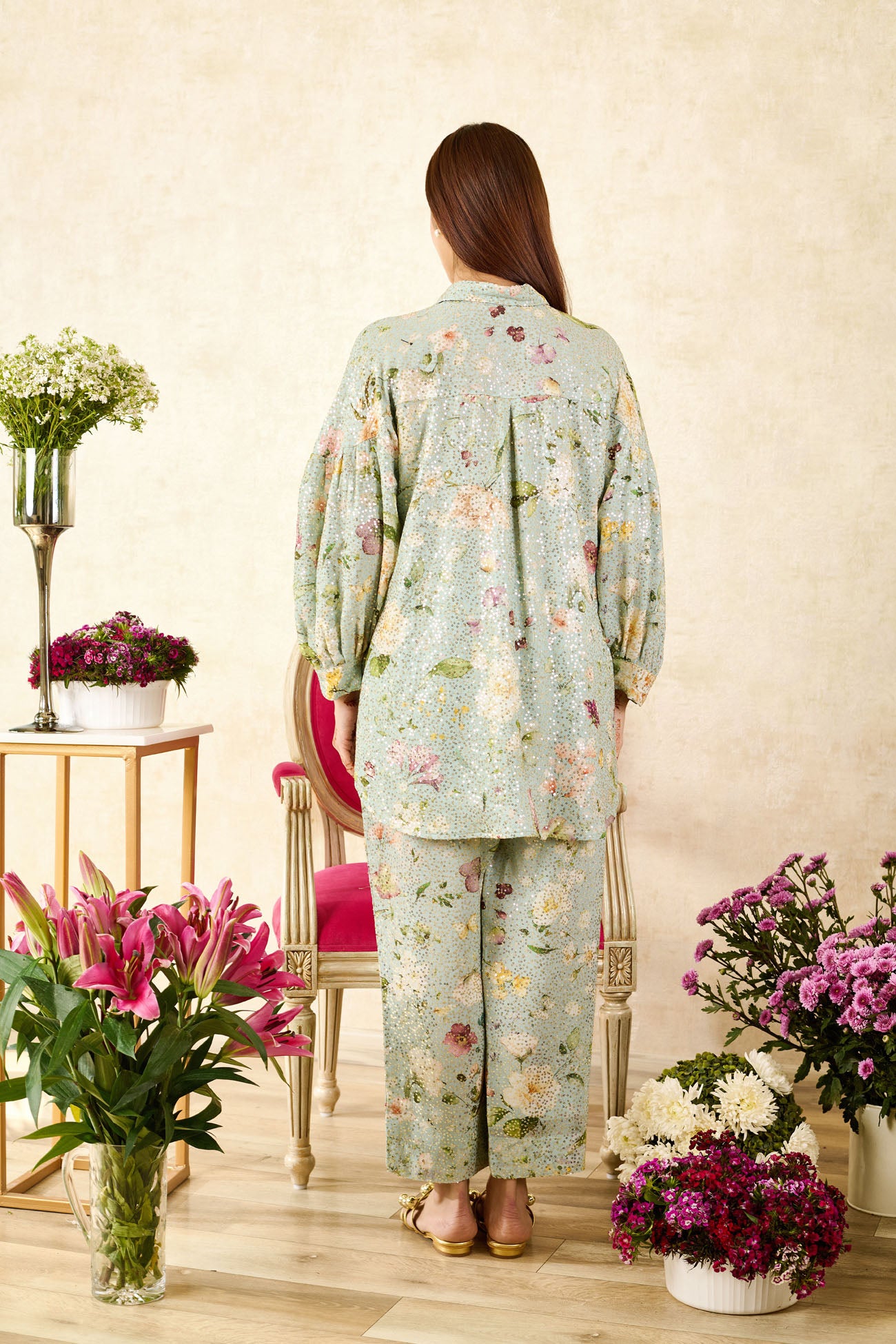 Olive Sequins Georgette Printed Rose Mandarin Collar Asymmetric Tunic With Pant