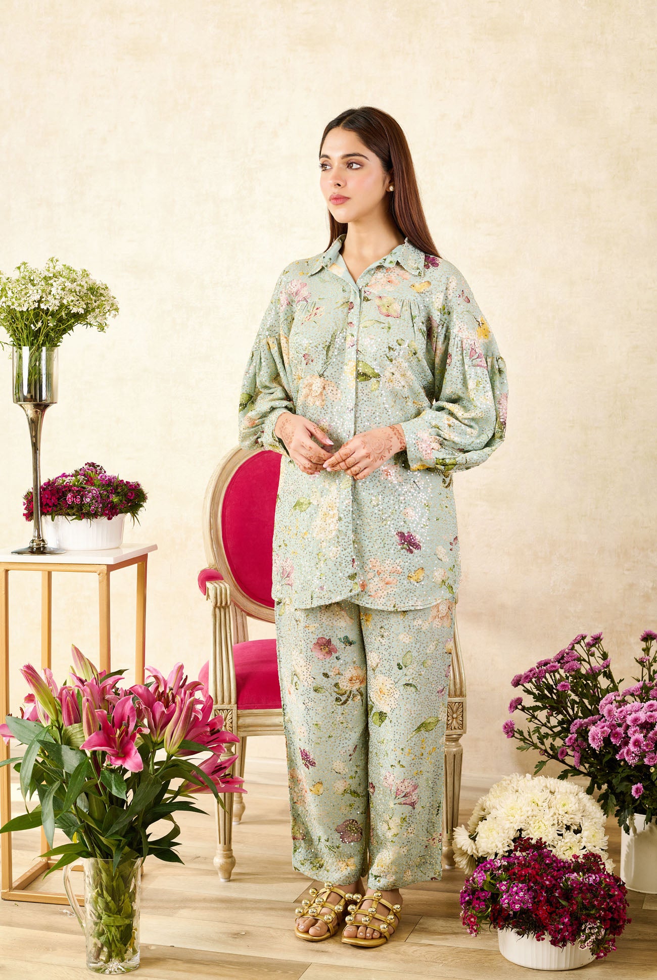 Olive Sequins Georgette Printed Rose Mandarin Collar Asymmetric Tunic With Pant