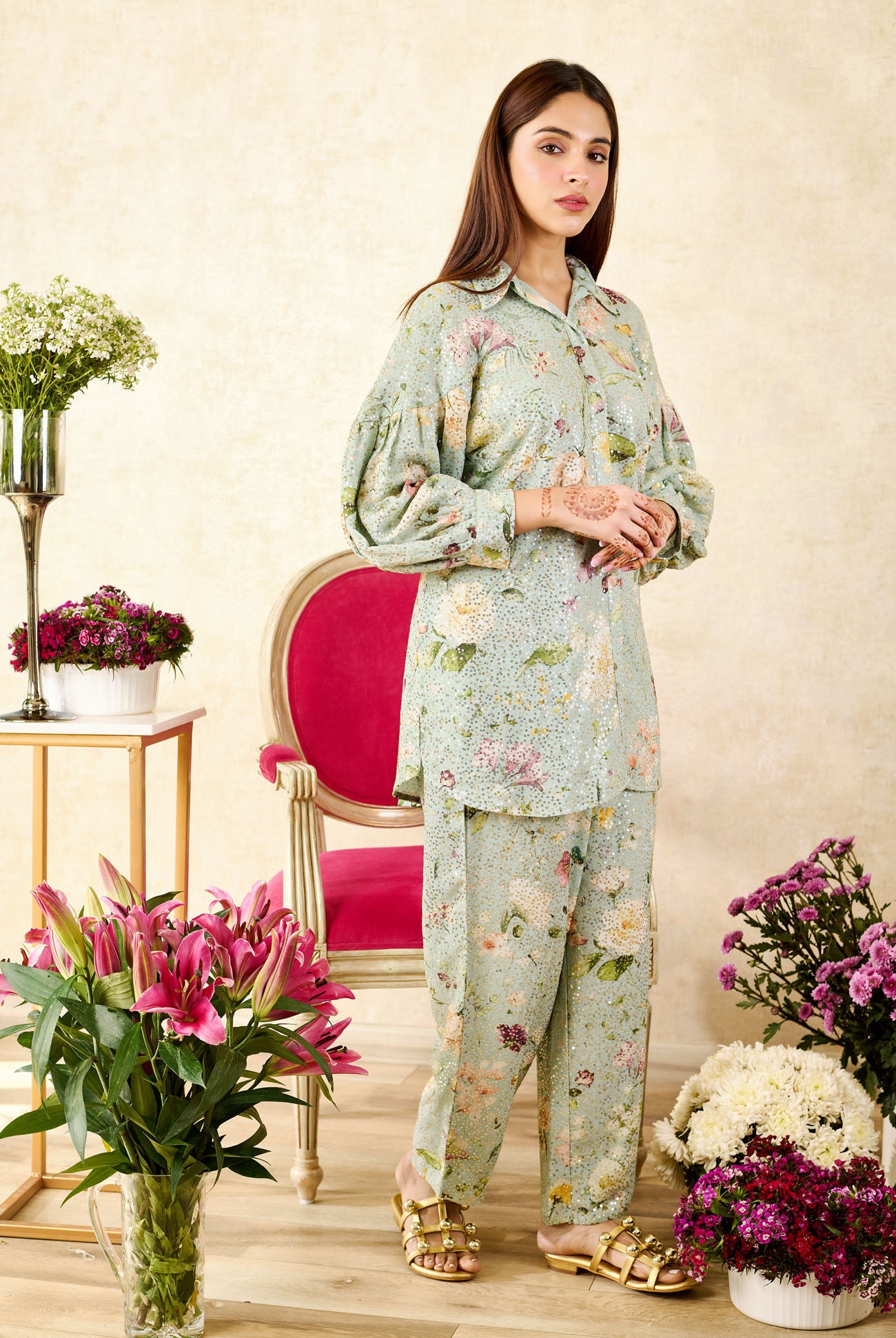 Olive Sequins Georgette Printed Rose Mandarin Collar Asymmetric Tunic With Pant