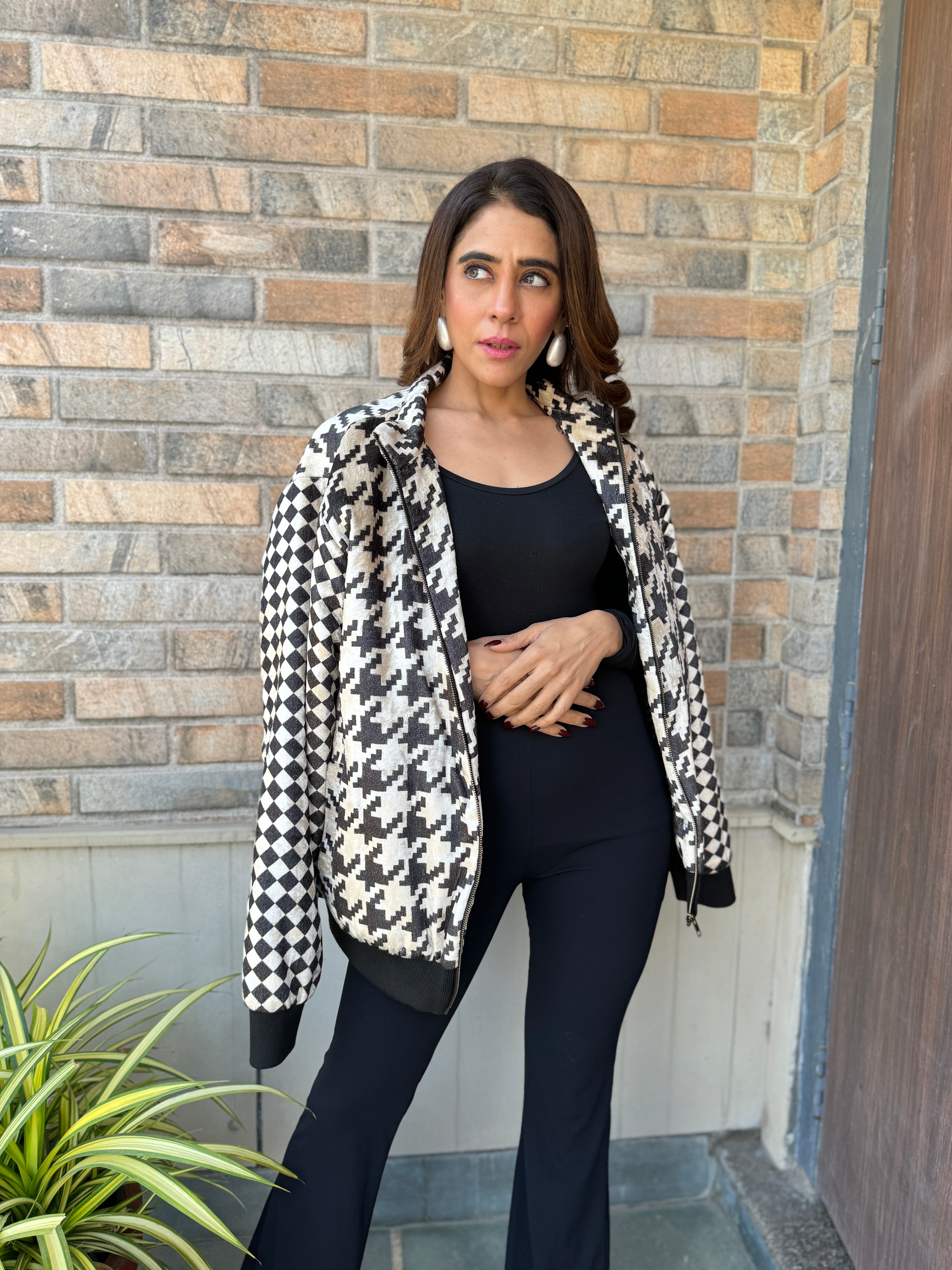 Houndstooth Velvet Bomber Jacket