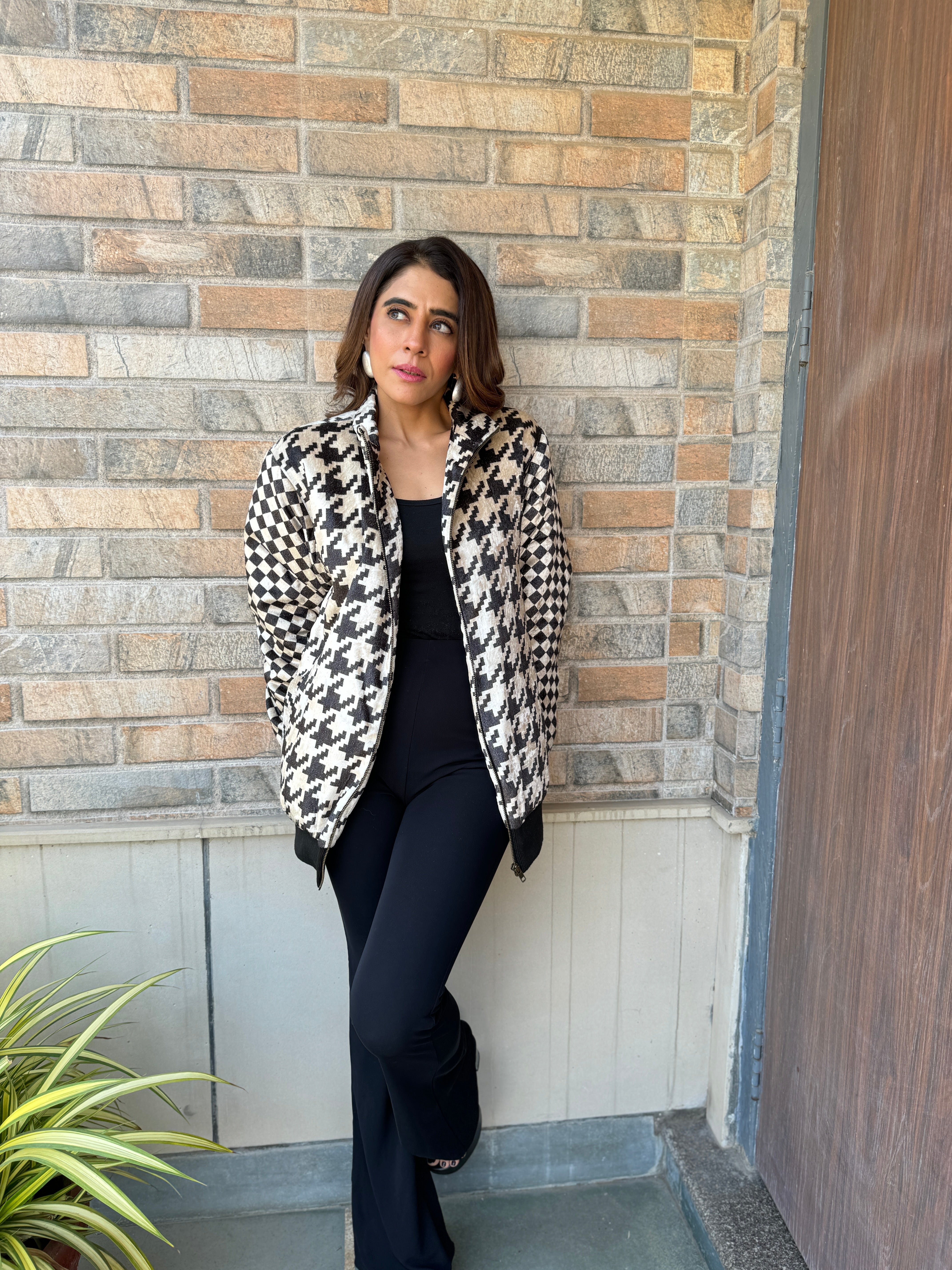 Houndstooth Velvet Bomber Jacket