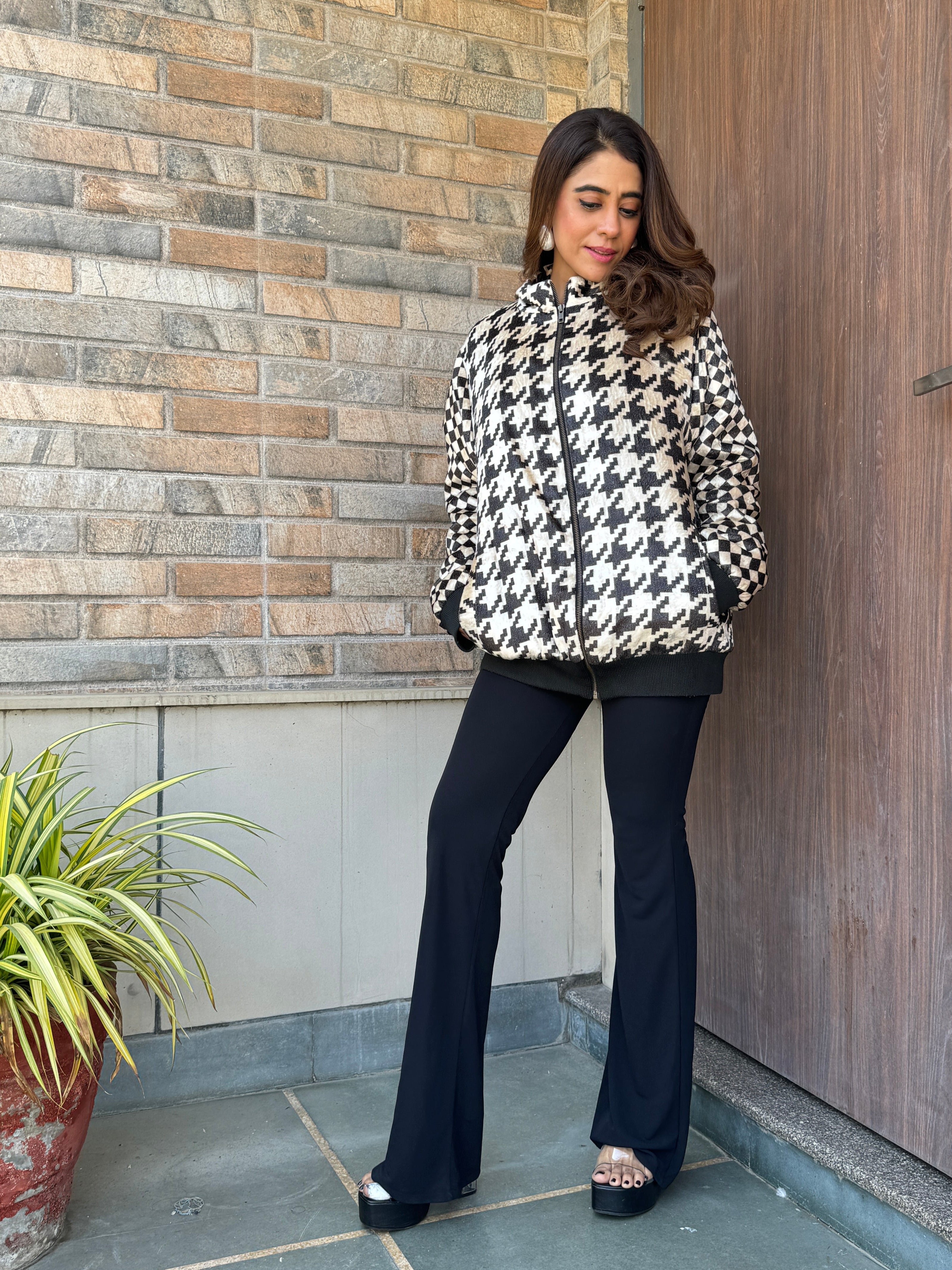 Houndstooth Velvet Bomber Jacket