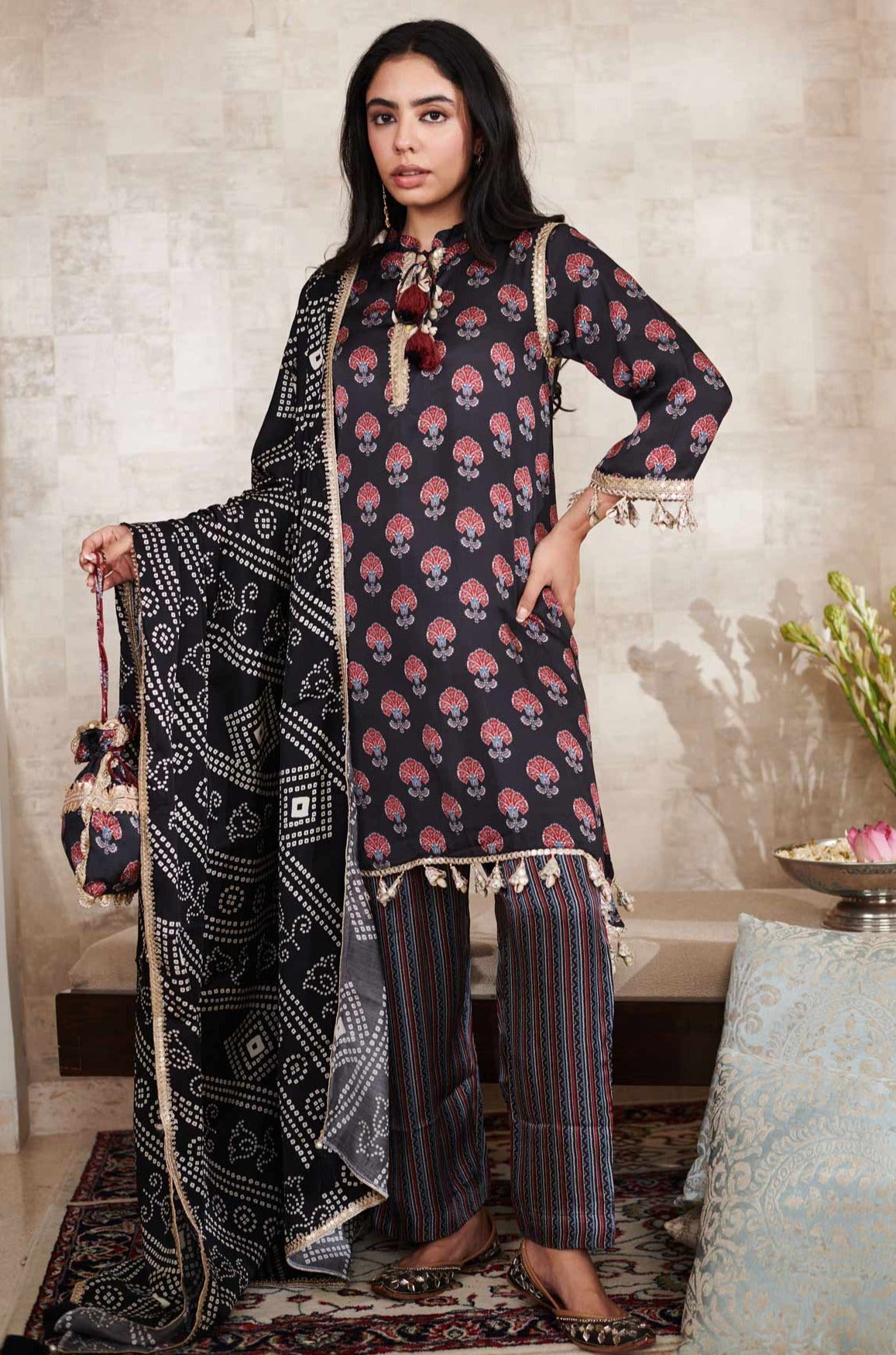 Black Cupro Satin Printed Floral Band Collar Embroidered Kurta Pant Set With Dupatta