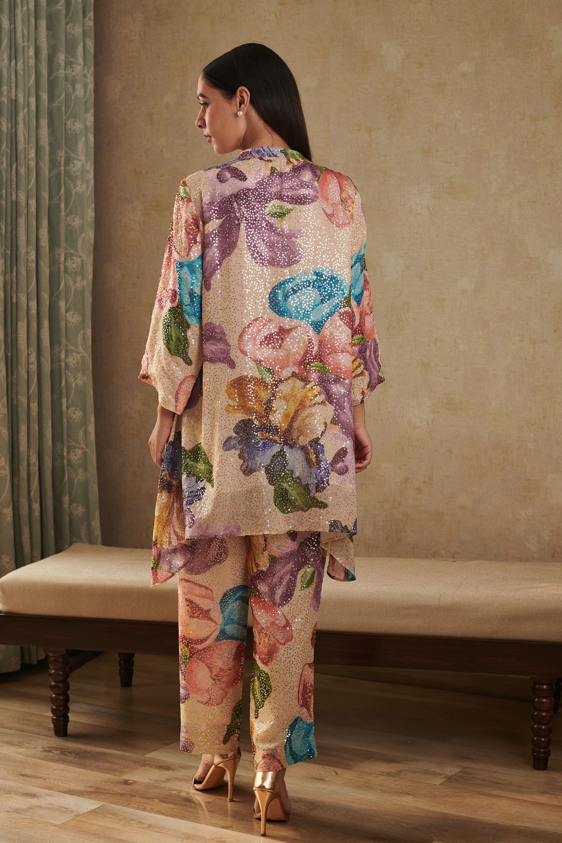 Beige Sequin Georgette Printed Floral Notched Kurta And Pant Set