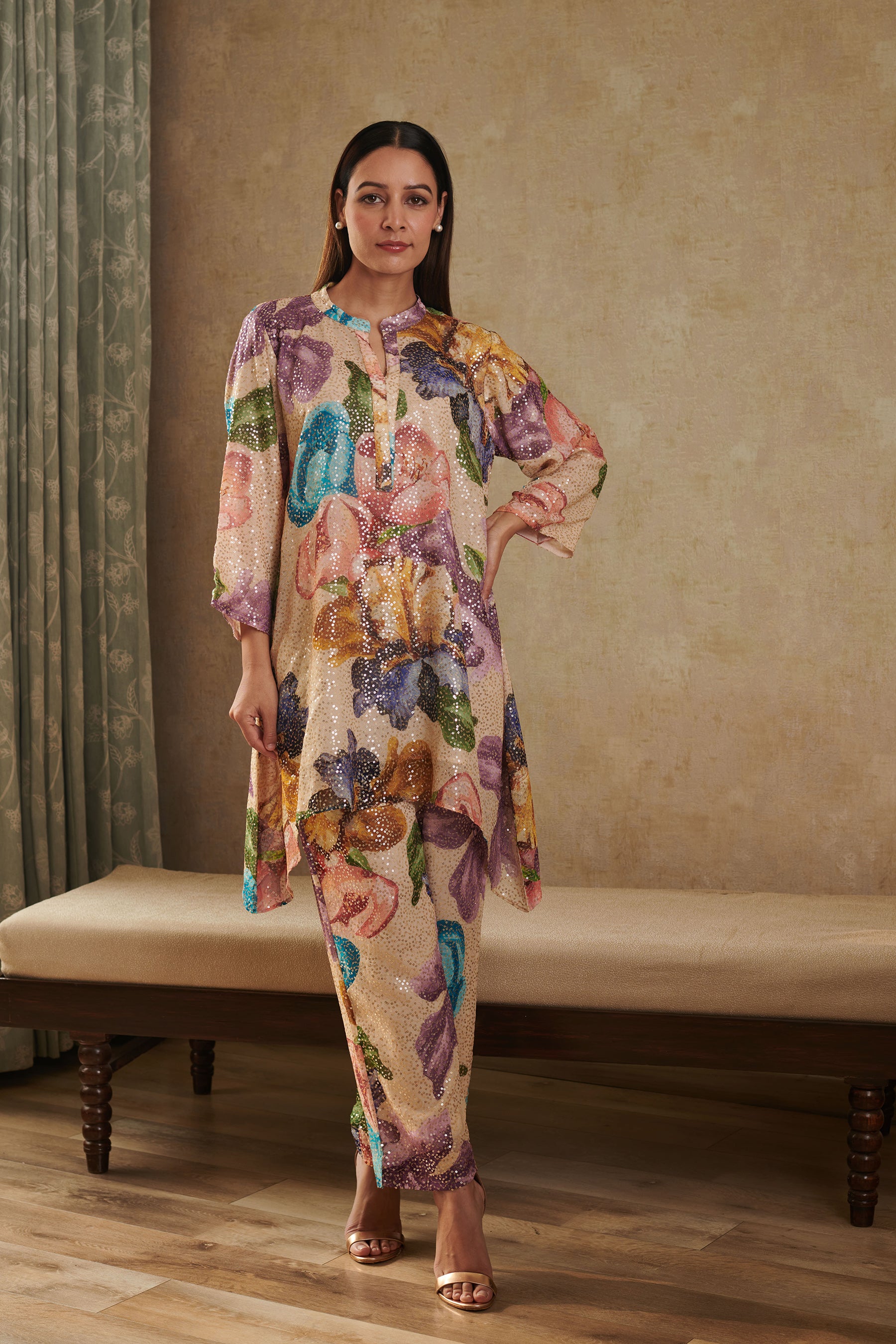 Beige Sequin Georgette Printed Floral Notched Kurta And Pant Set