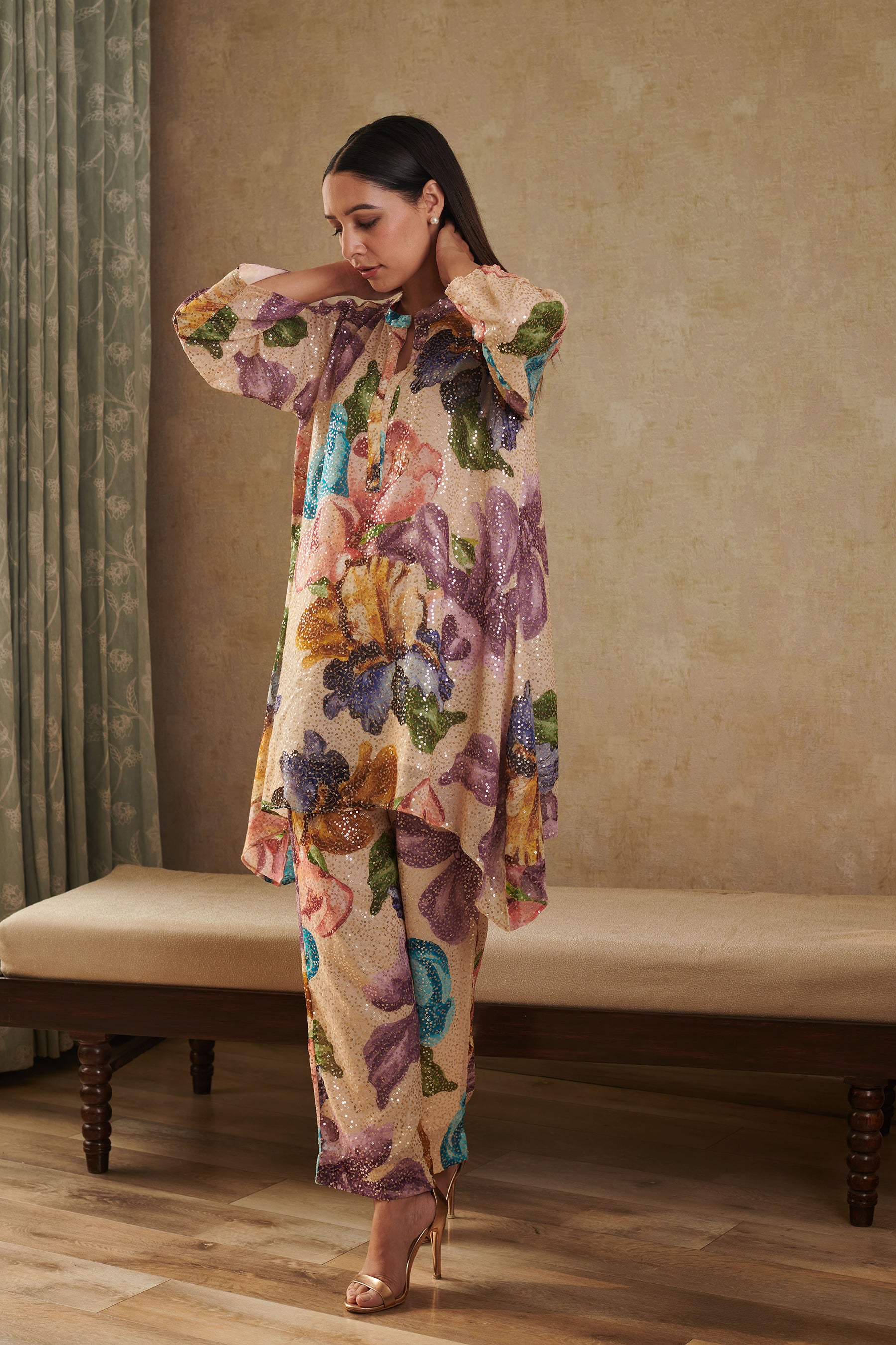 Beige Sequin Georgette Printed Floral Notched Kurta And Pant Set