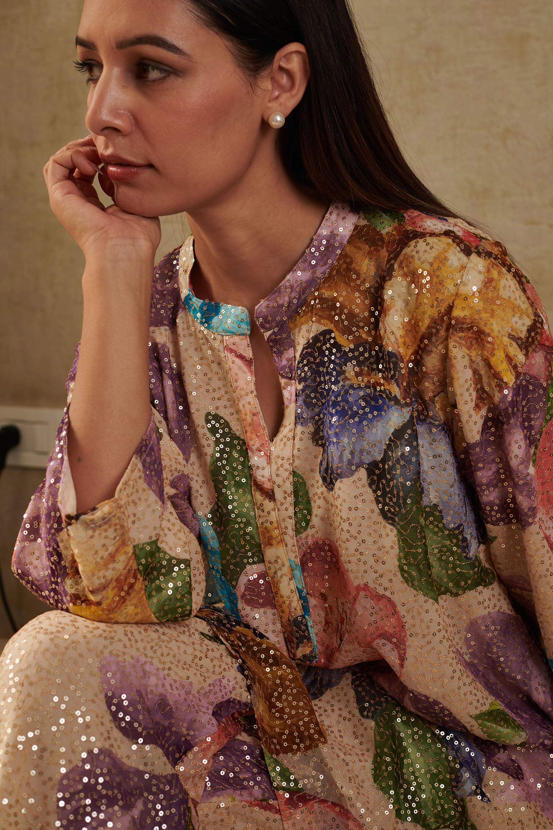 Beige Sequin Georgette Printed Floral Notched Kurta And Pant Set