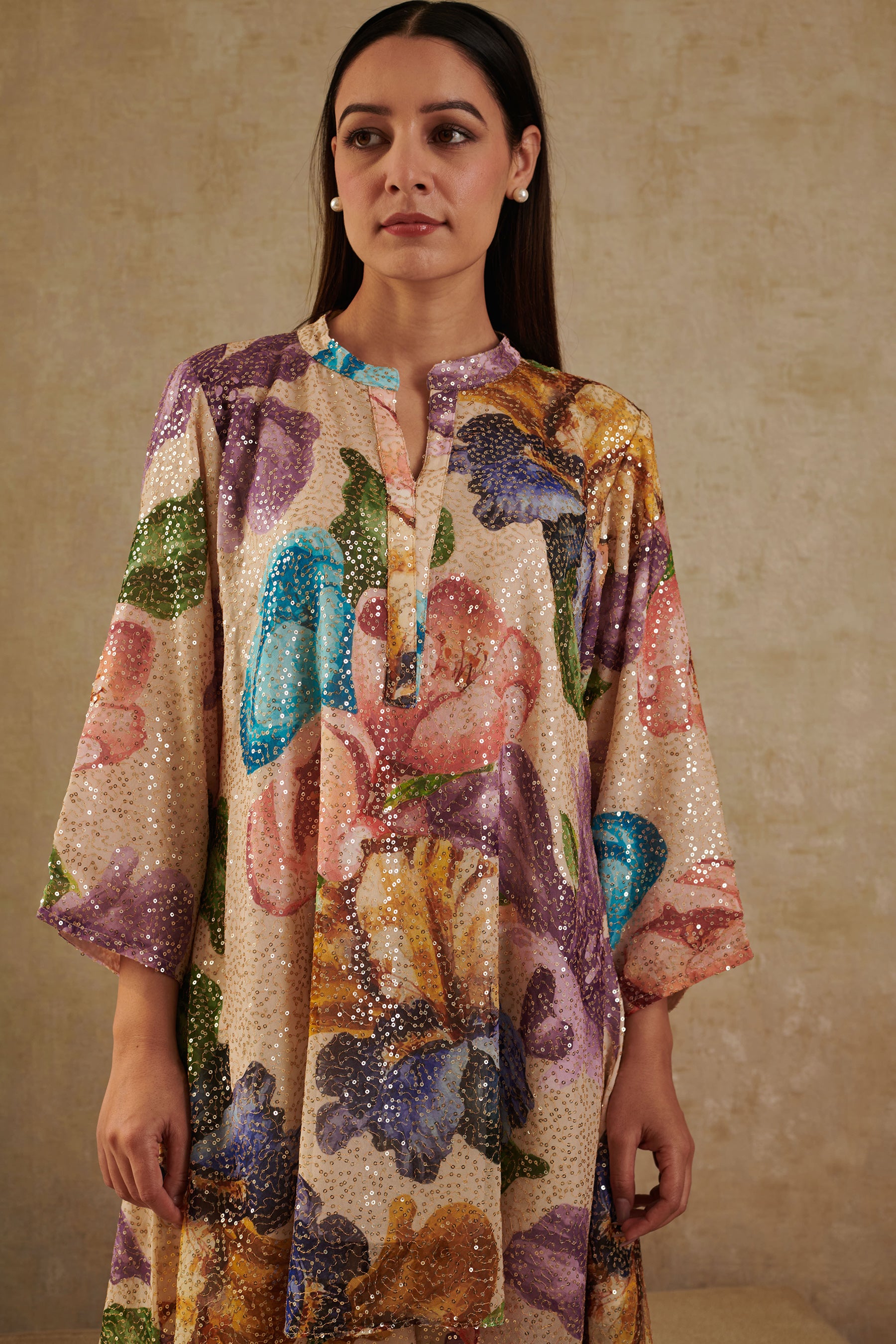Beige Sequin Georgette Printed Floral Notched Kurta And Pant Set