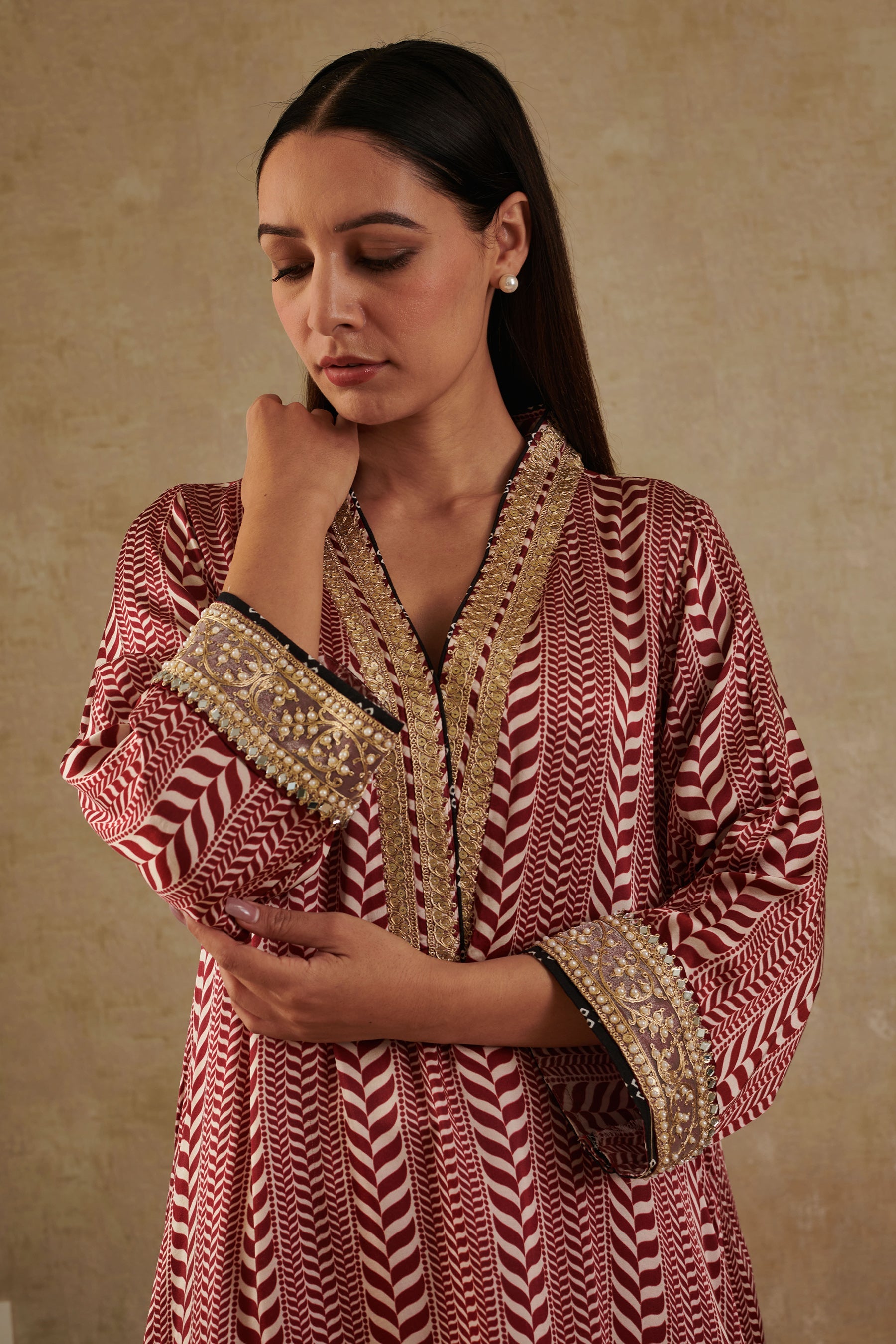 Maroon Cupro Satin Chevron Print Kurta set with dupatta