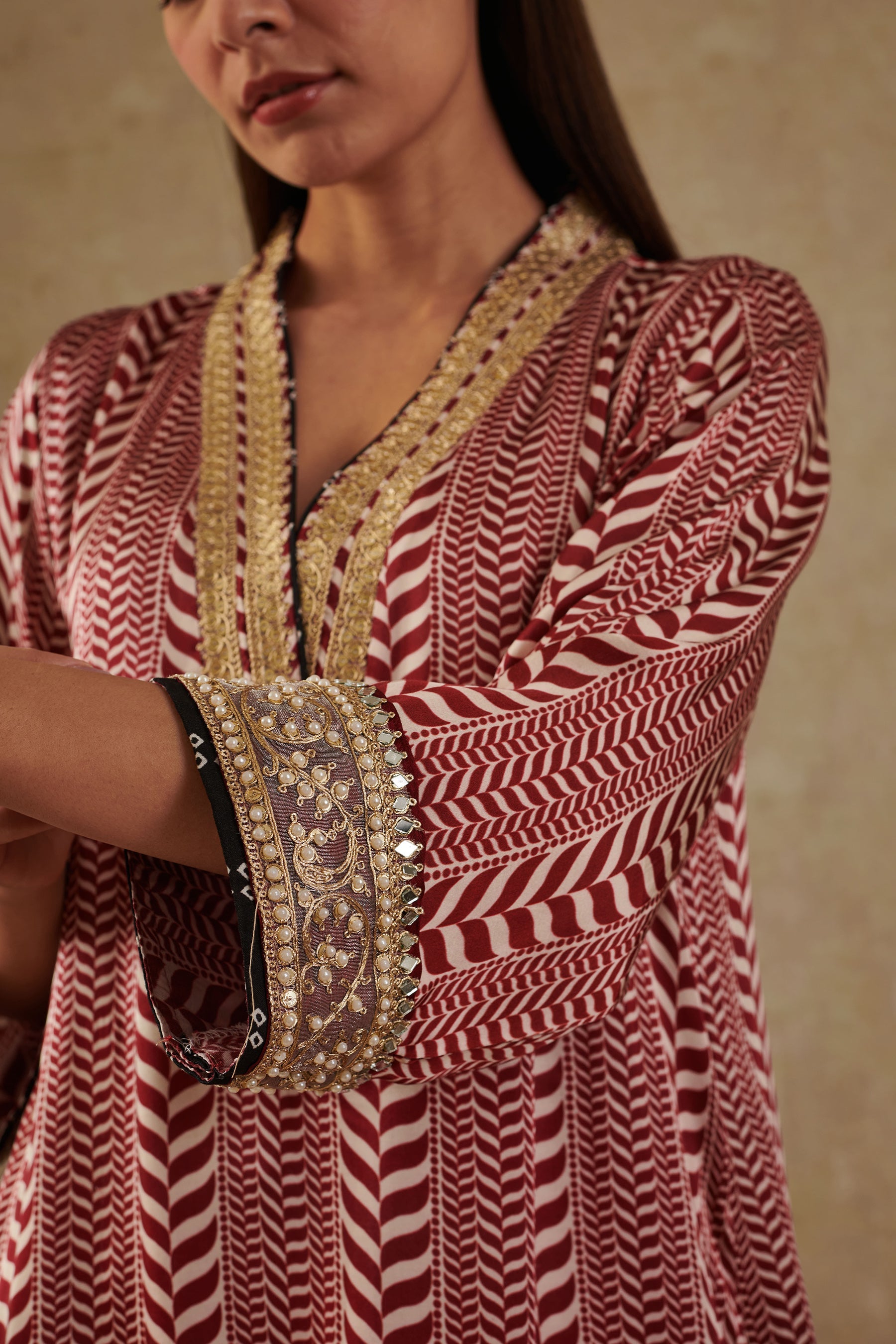 Maroon Cupro Satin Chevron Print Kurta set with dupatta