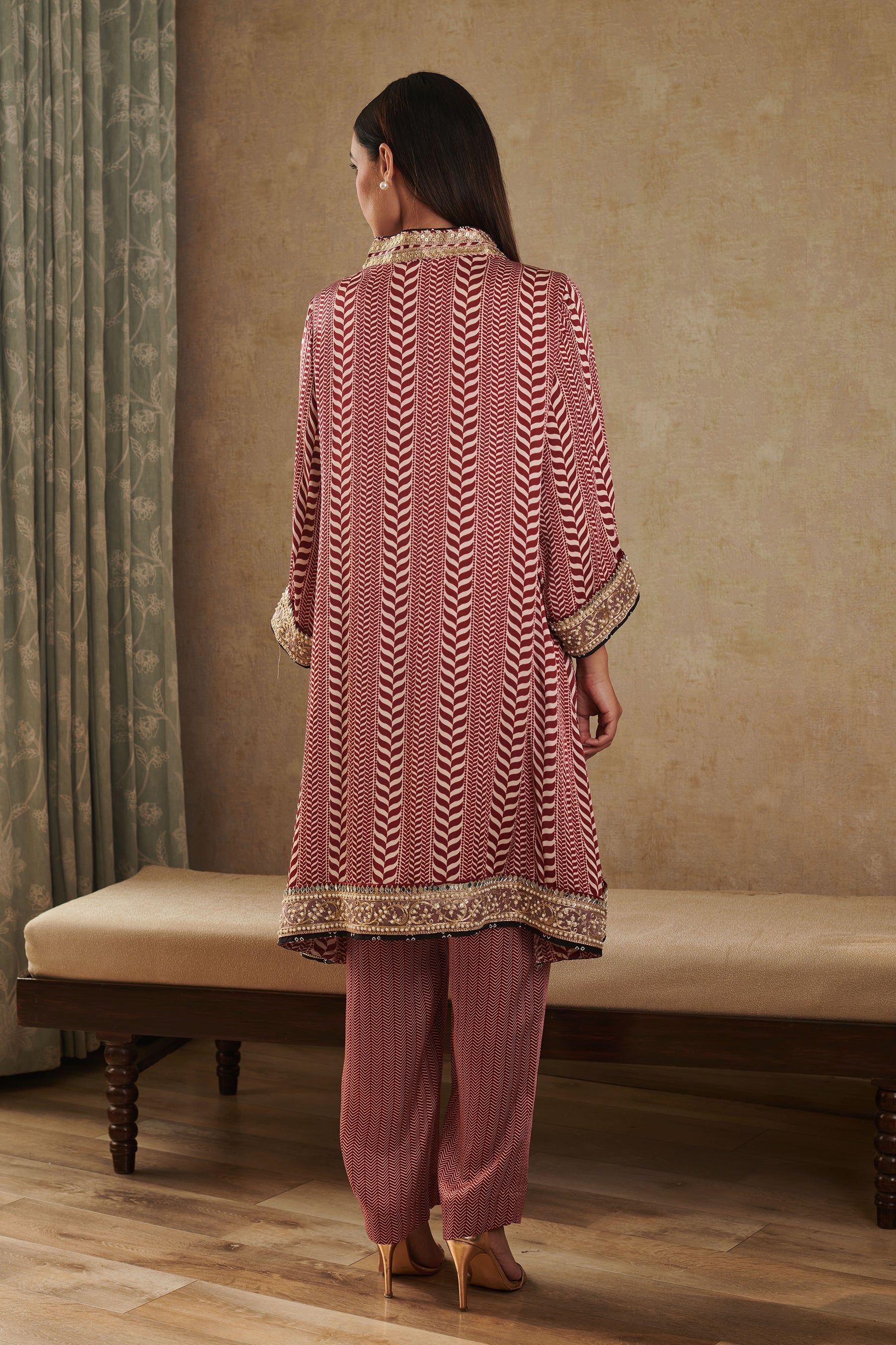 Maroon Cupro Satin Chevron Print Kurta set with dupatta