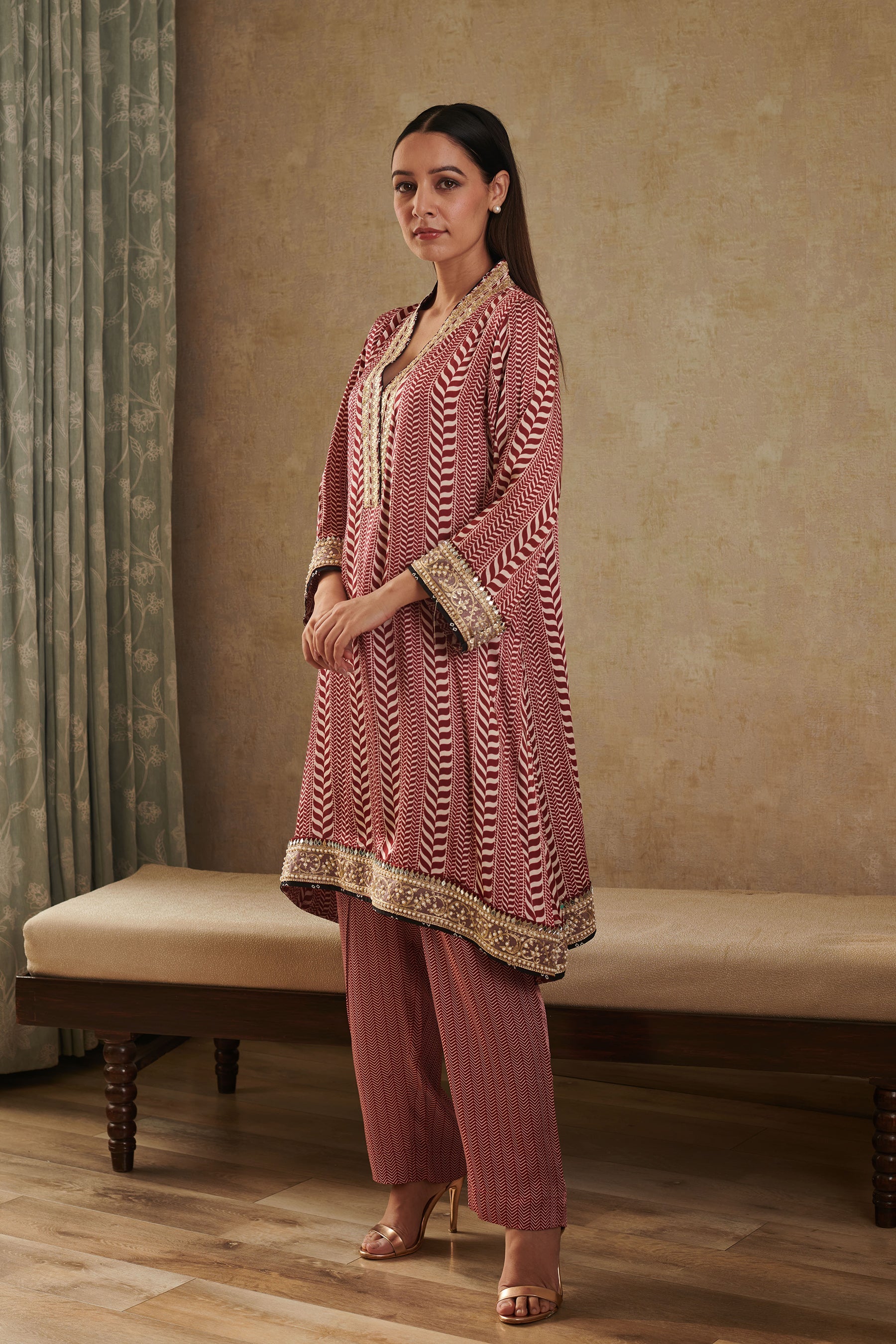 Maroon Cupro Satin Chevron Print Kurta set with dupatta