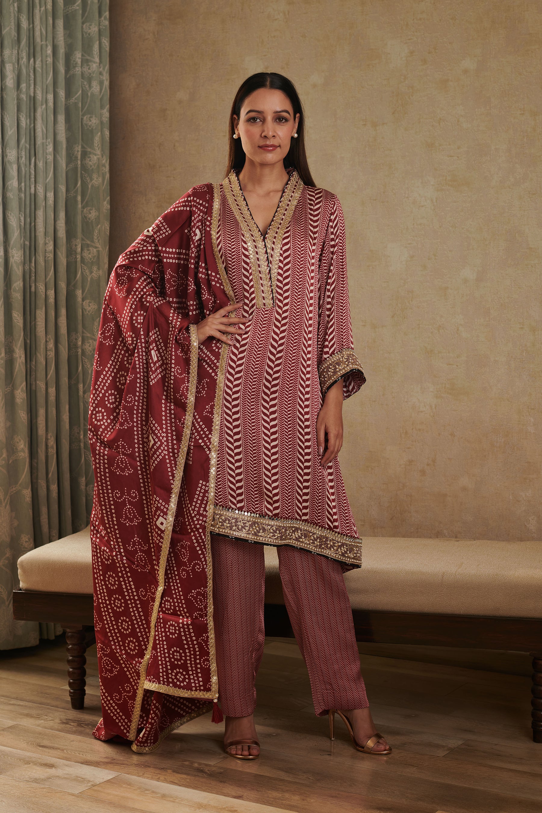 Maroon Cupro Satin Chevron Print Kurta set with dupatta