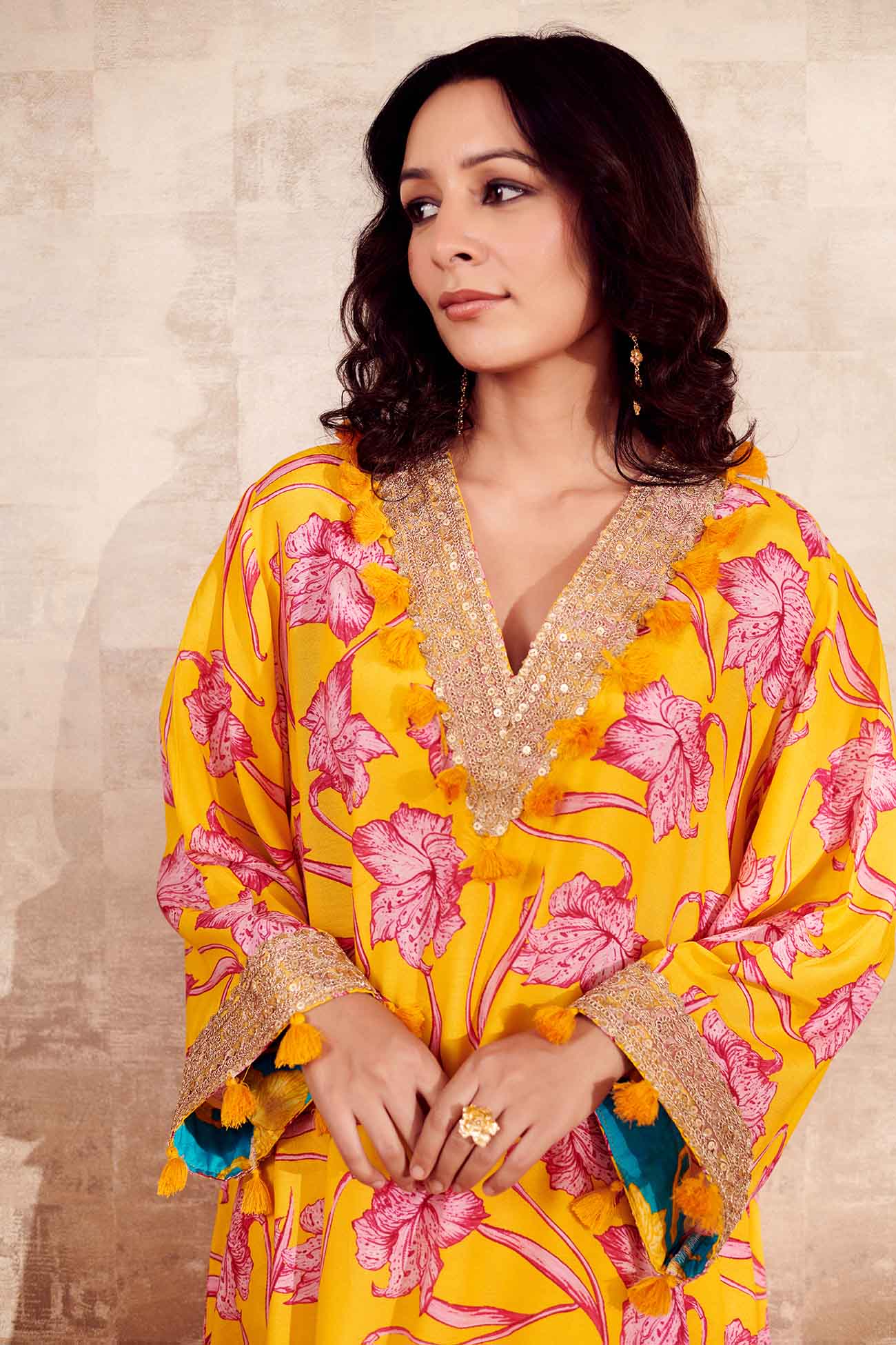 Yellow Cotton Silk Printed Floral V Neck Kurta And Pant Set