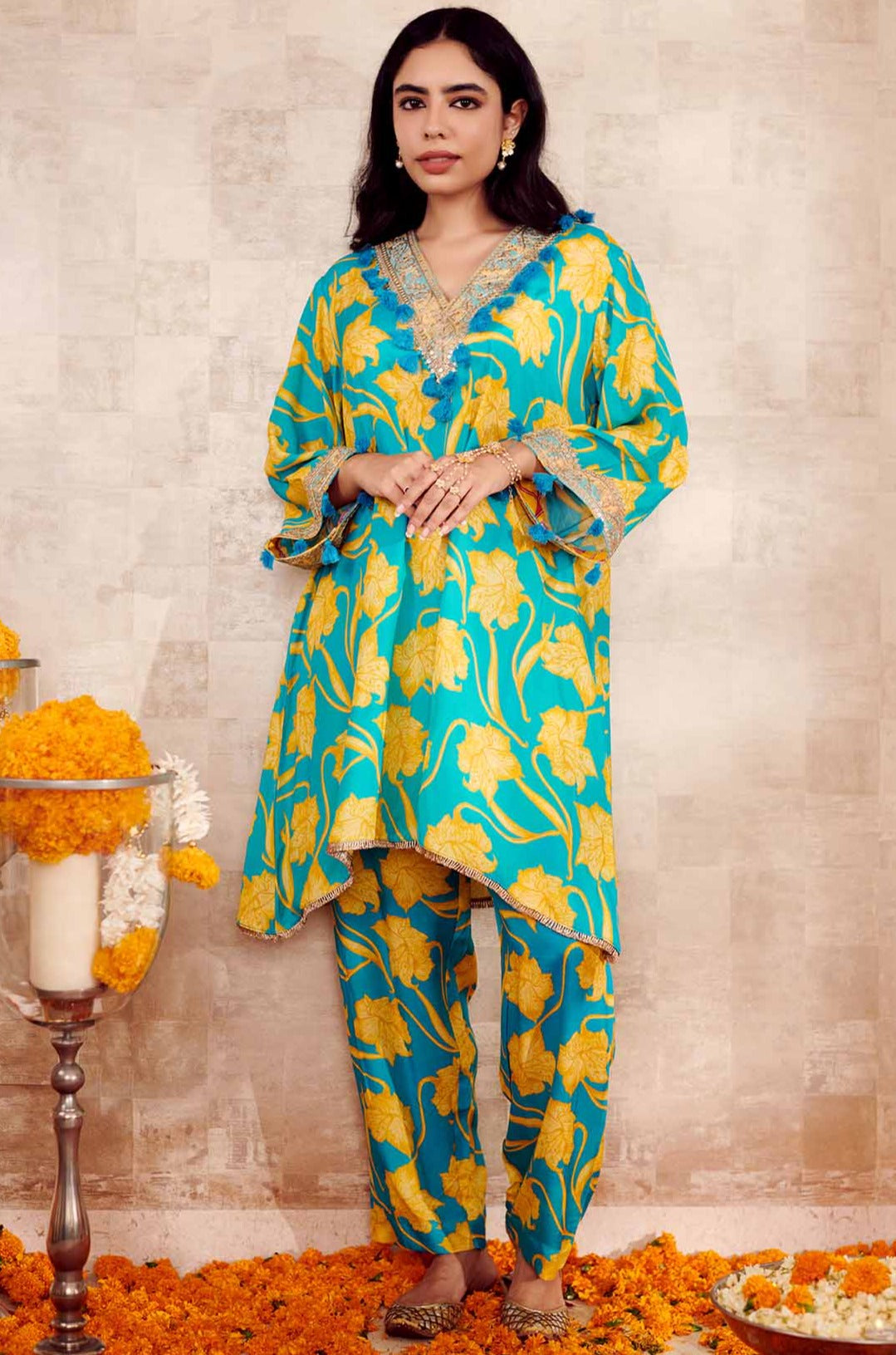 Sea Blue Cotton Silk Printed Floral V Neck Kurta And Pant Set