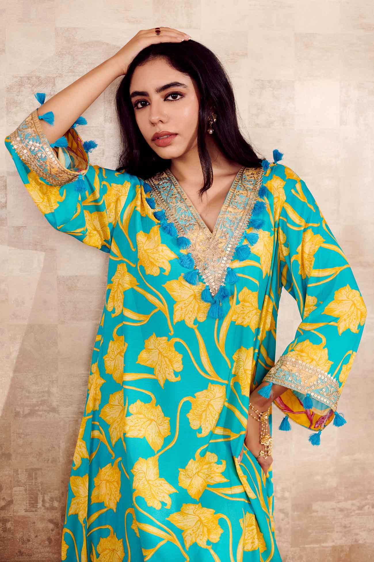 Sea Blue Cotton Silk Printed Floral V Neck Kurta And Pant Set