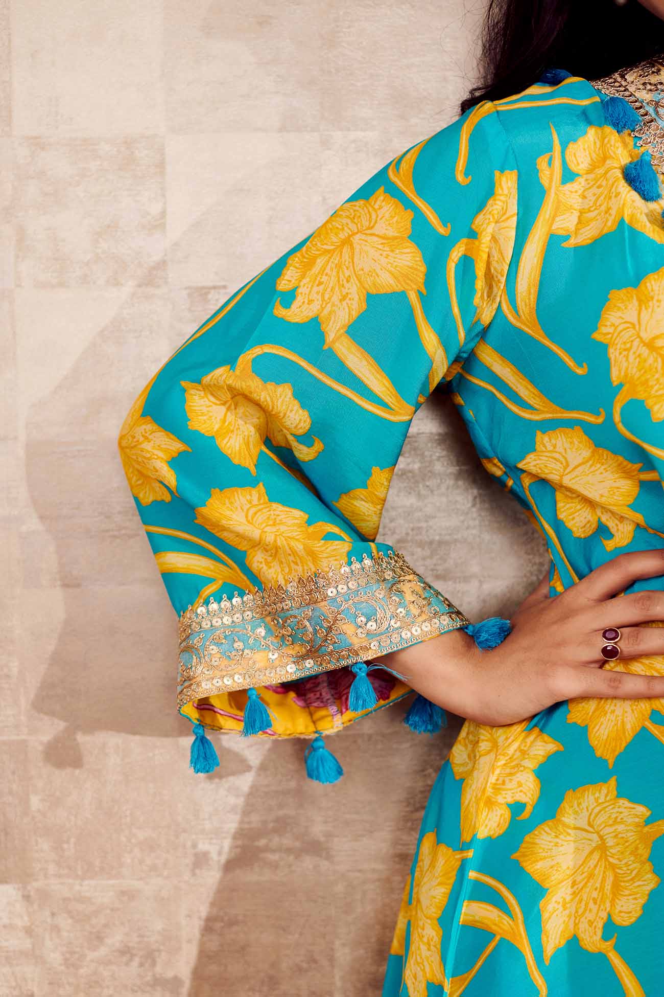 Sea Blue Cotton Silk Printed Floral V Neck Kurta And Pant Set