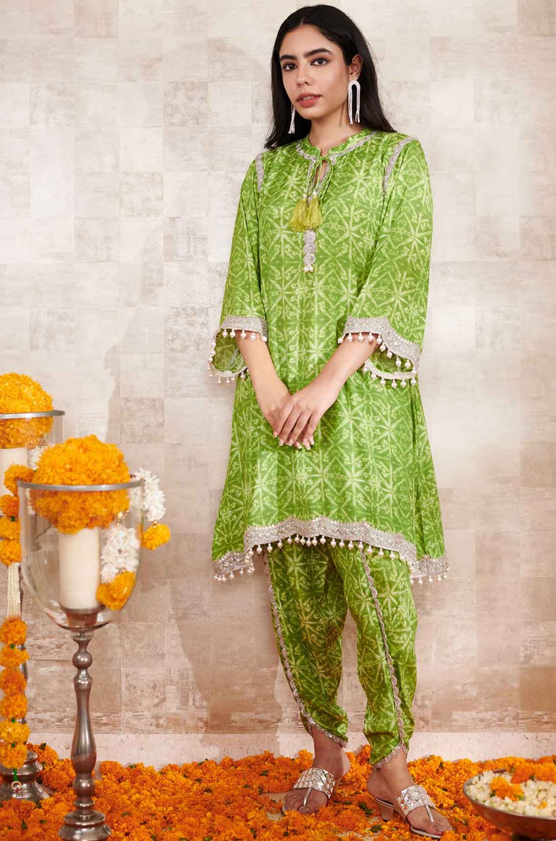 Green Cotton Silk Printed Geometric Round Kurta Pant Set