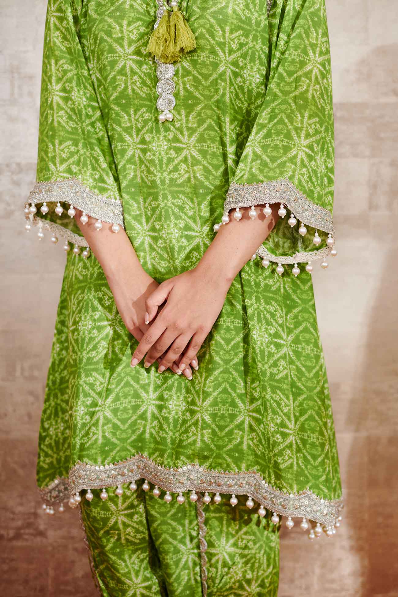 Green Cotton Silk Printed Geometric Round Kurta Pant Set