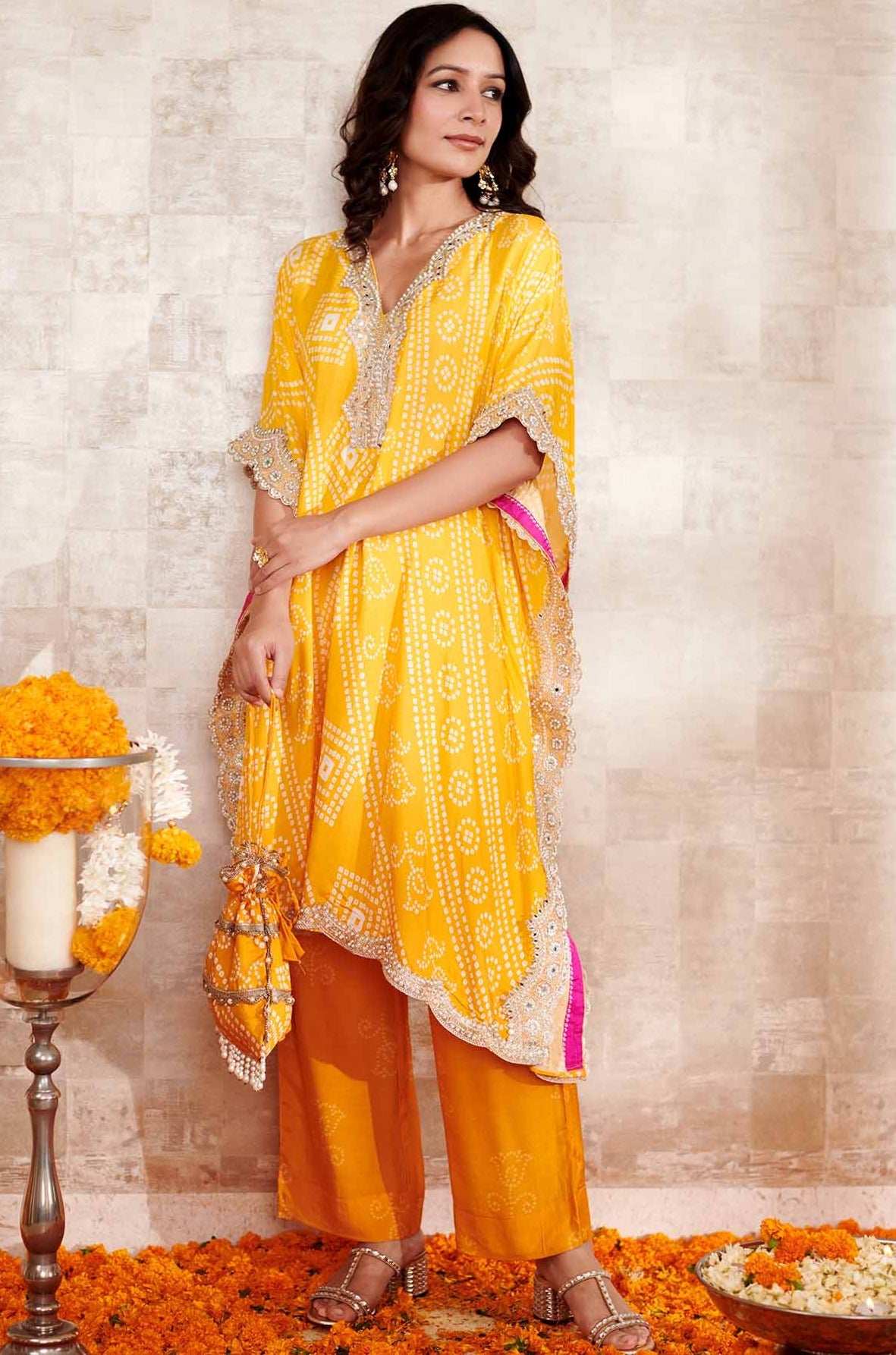 Yellow Cotton Silk Printed Bandhani V Neck Kaftan And Pant Set