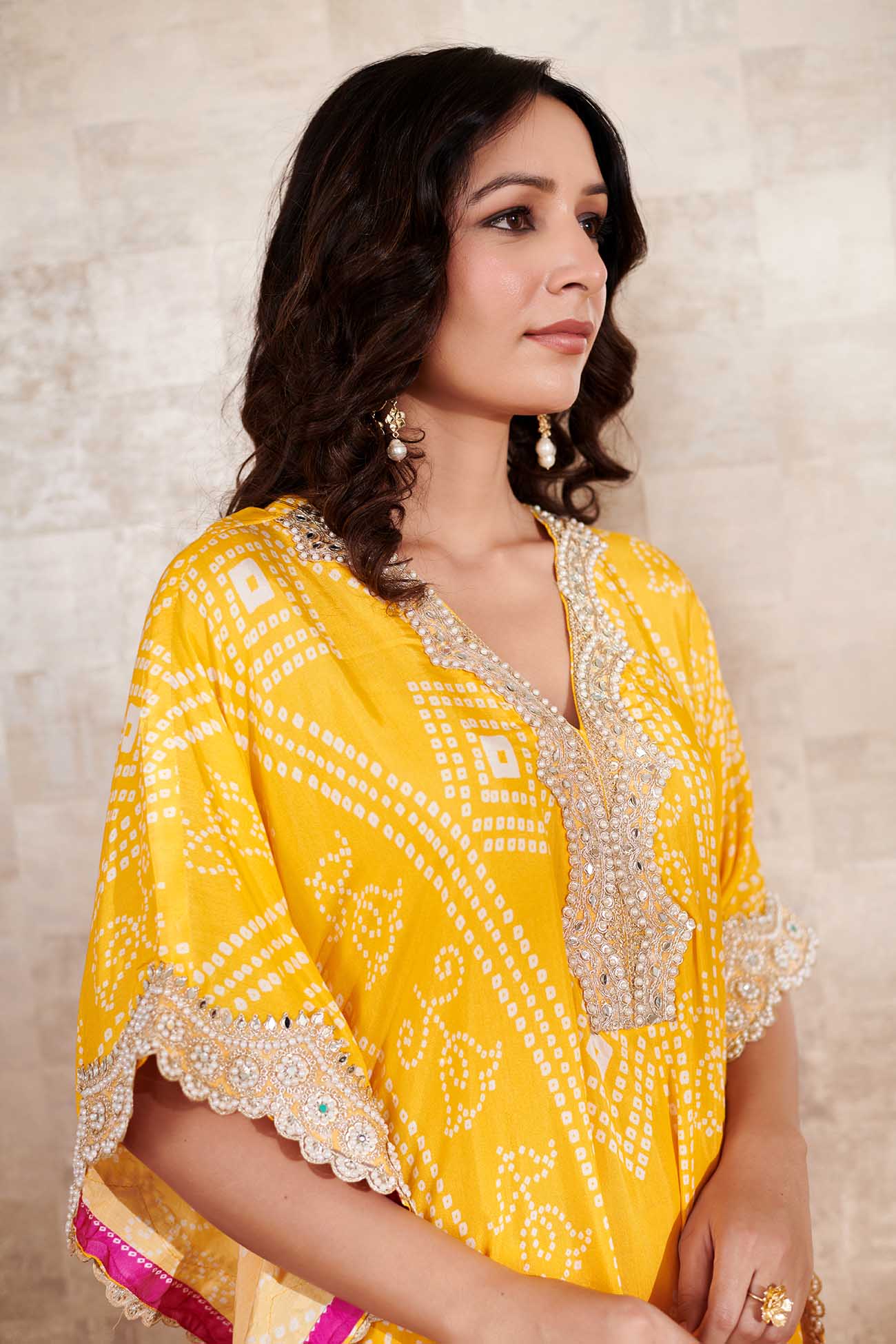 Yellow Cotton Silk Printed Bandhani V Neck Kaftan And Pant Set