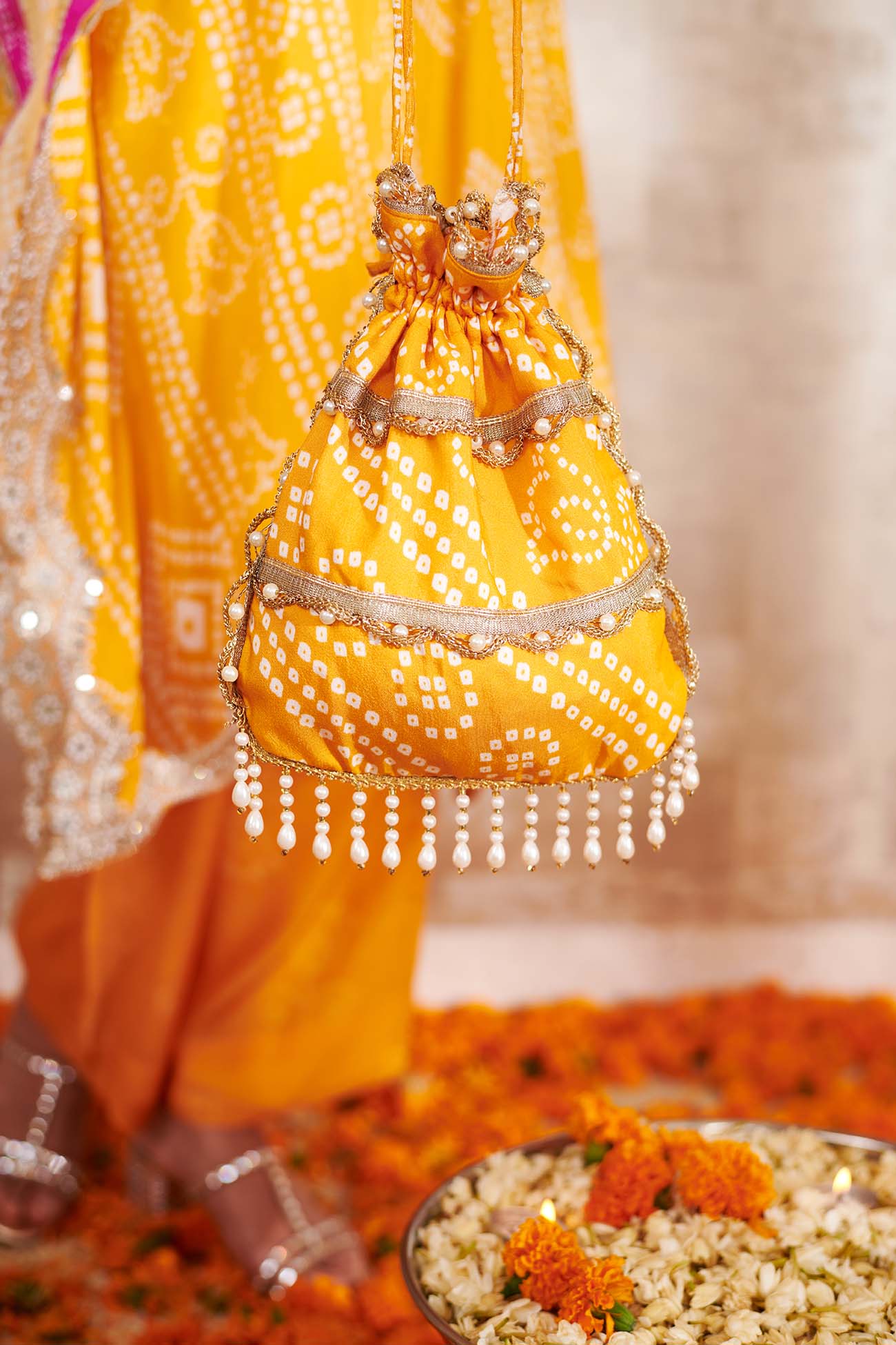 Yellow Cotton Silk Printed Bandhani V Neck Kaftan And Pant Set