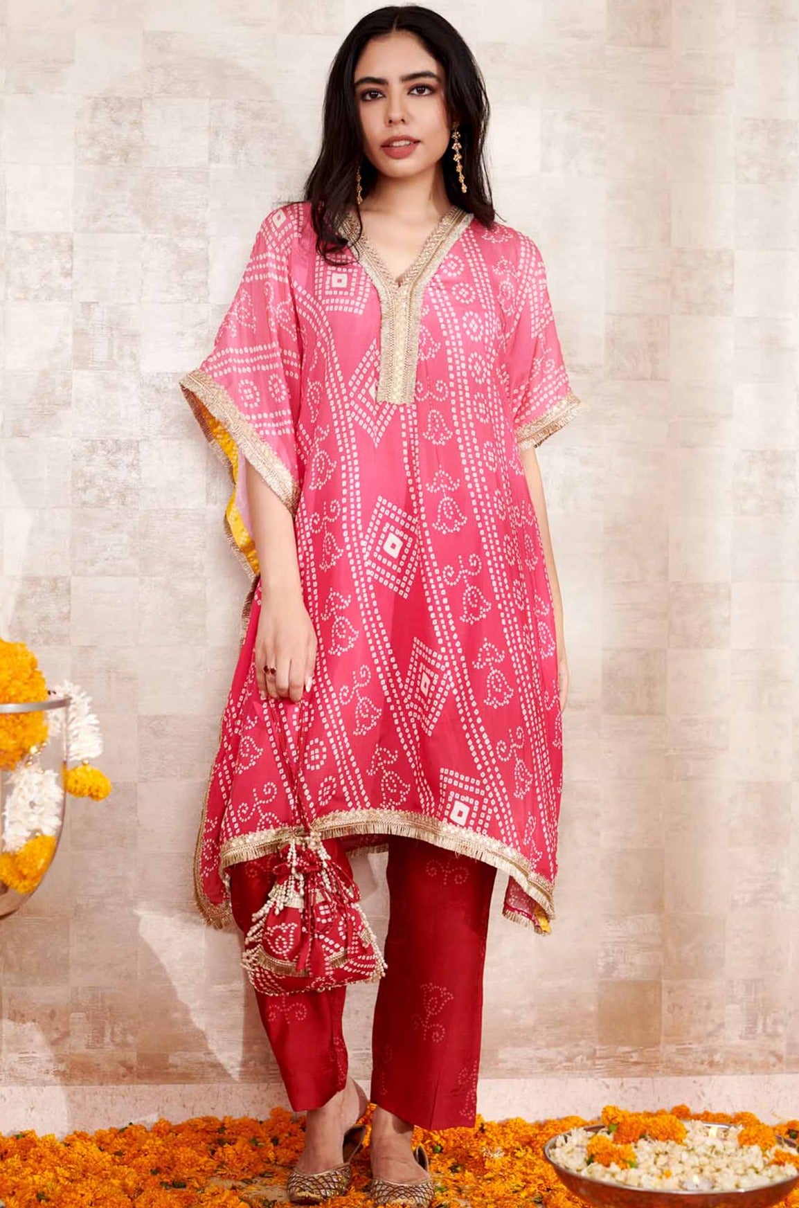 Pink Cotton Silk Print Bandhani Bloom V Neck Kaftan Set