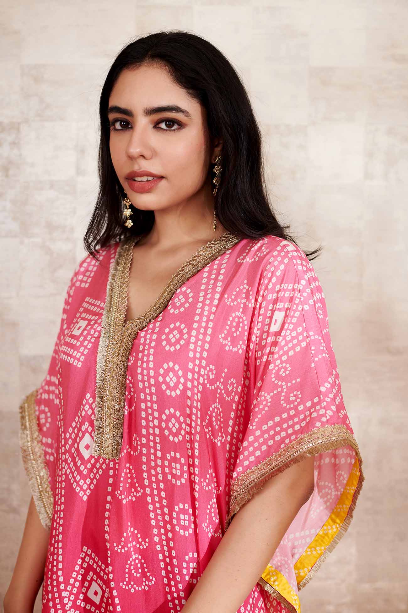 Pink Cotton Silk Print Bandhani Bloom V Neck Kaftan Set