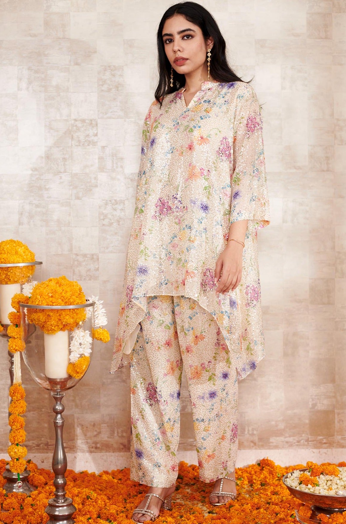 Beige Sequins Georgette Printed Floral Mandarin Collar Asymmetric Tunic With Pant
