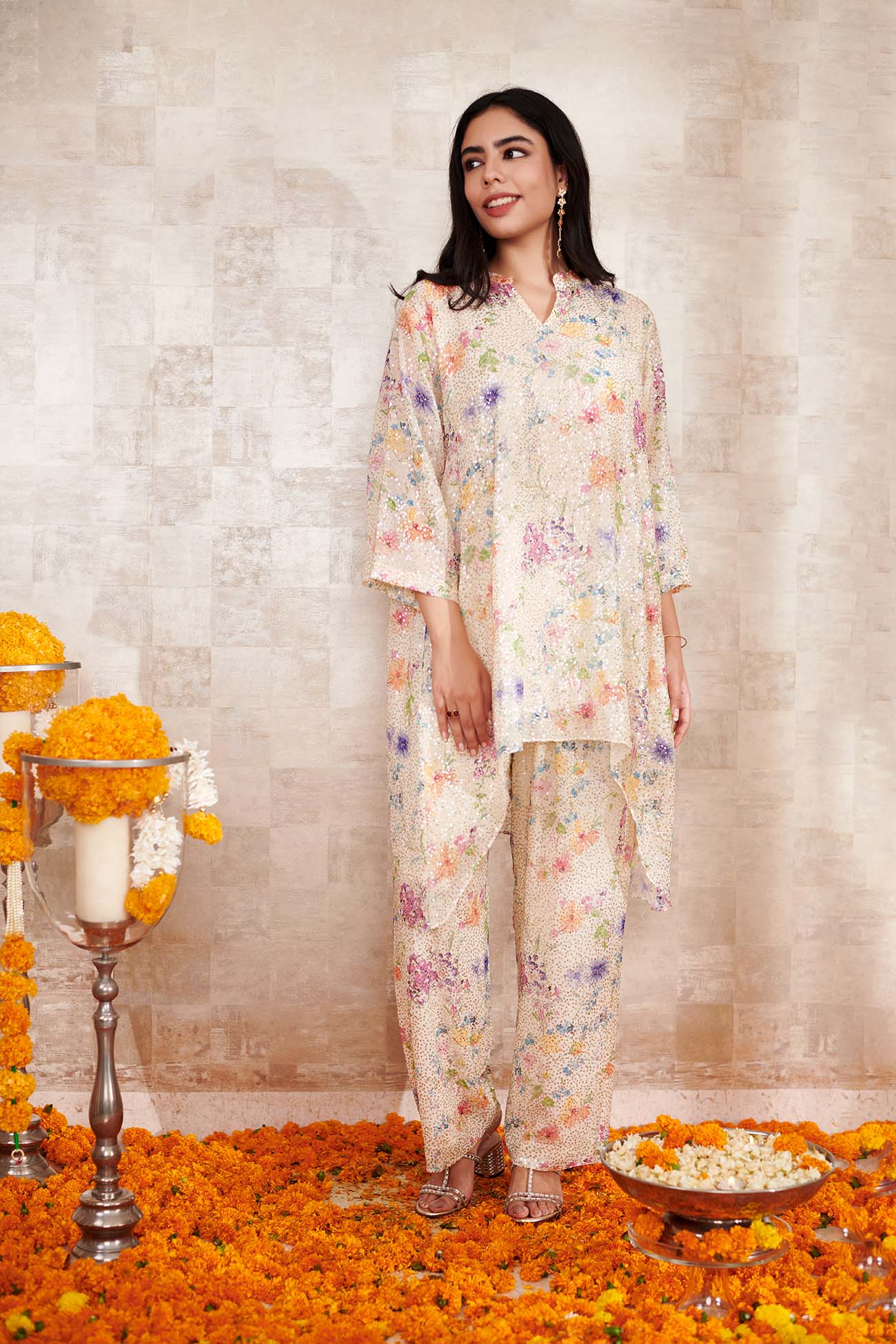 Beige Sequins Georgette Printed Floral Mandarin Collar Asymmetric Tunic With Pant