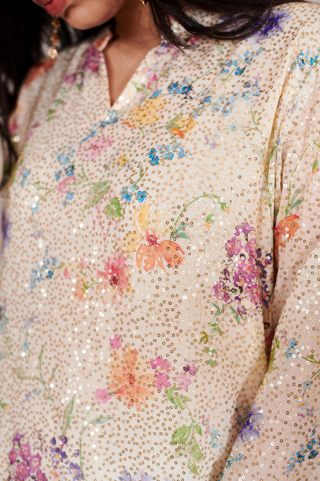 Beige Sequins Georgette Printed Floral Mandarin Collar Asymmetric Tunic With Pant