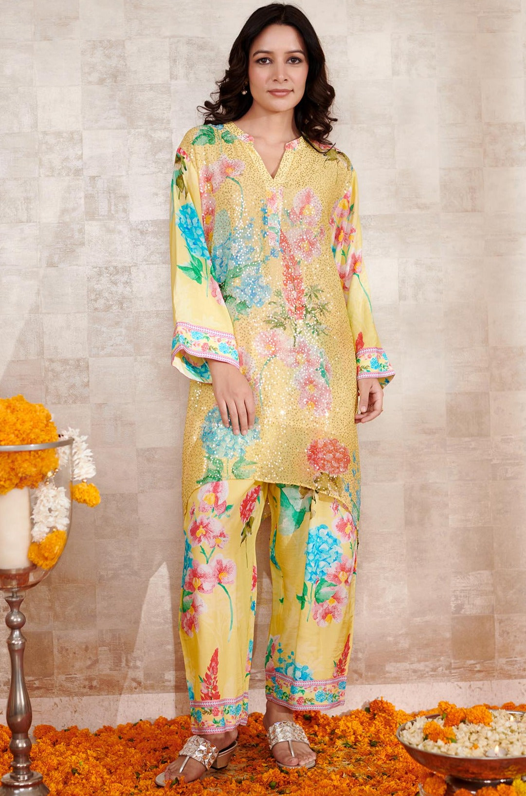 Yellow Sequin Georgette Printed Floral Notched Straight Kurta And Pant Set