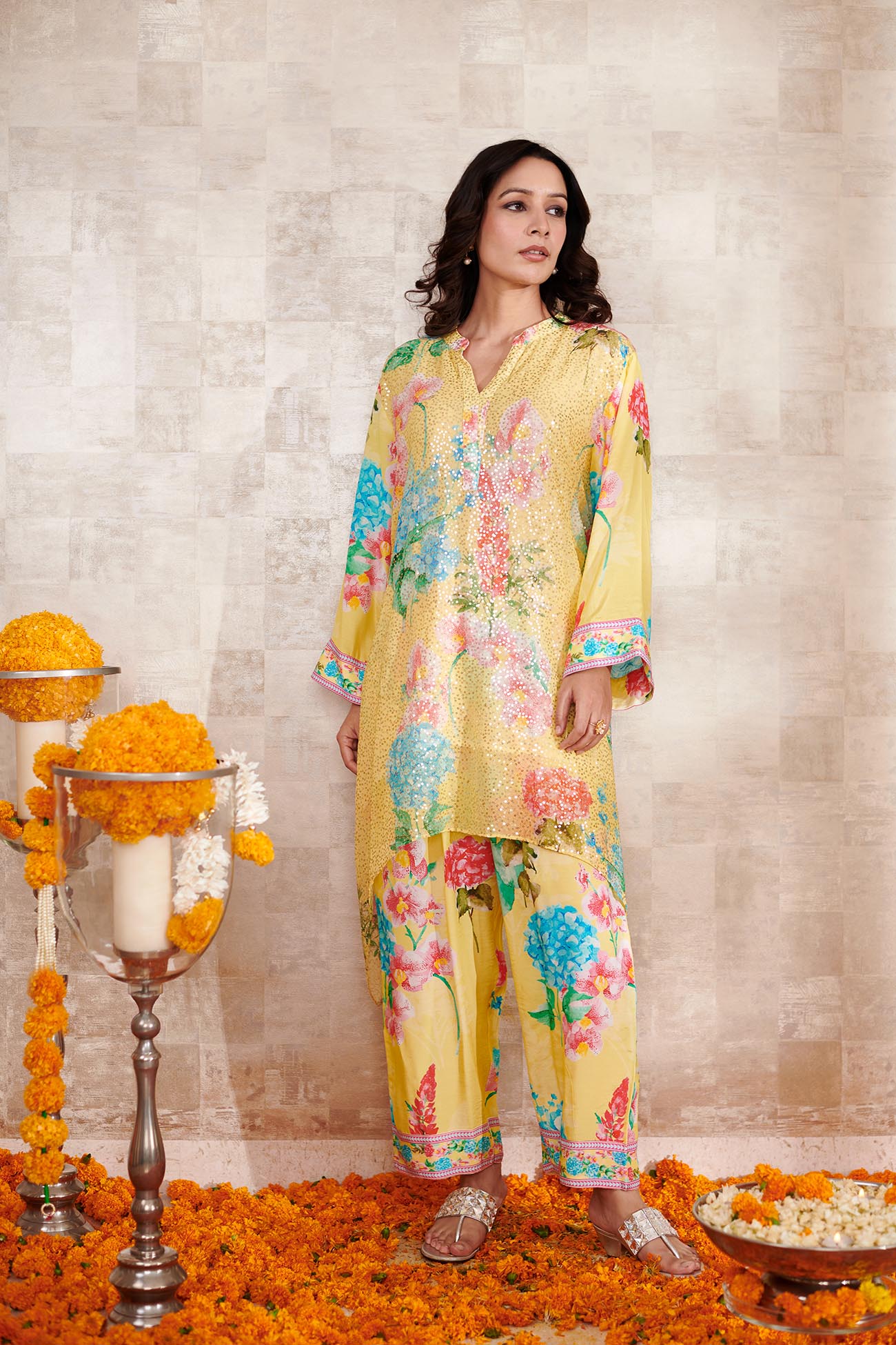 Yellow Sequin Georgette Printed Floral Notched Straight Kurta And Pant Set