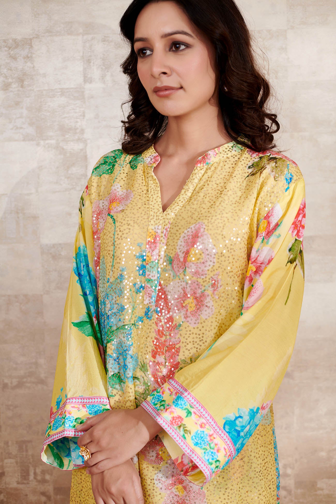 Yellow Sequin Georgette Printed Floral Notched Straight Kurta And Pant Set