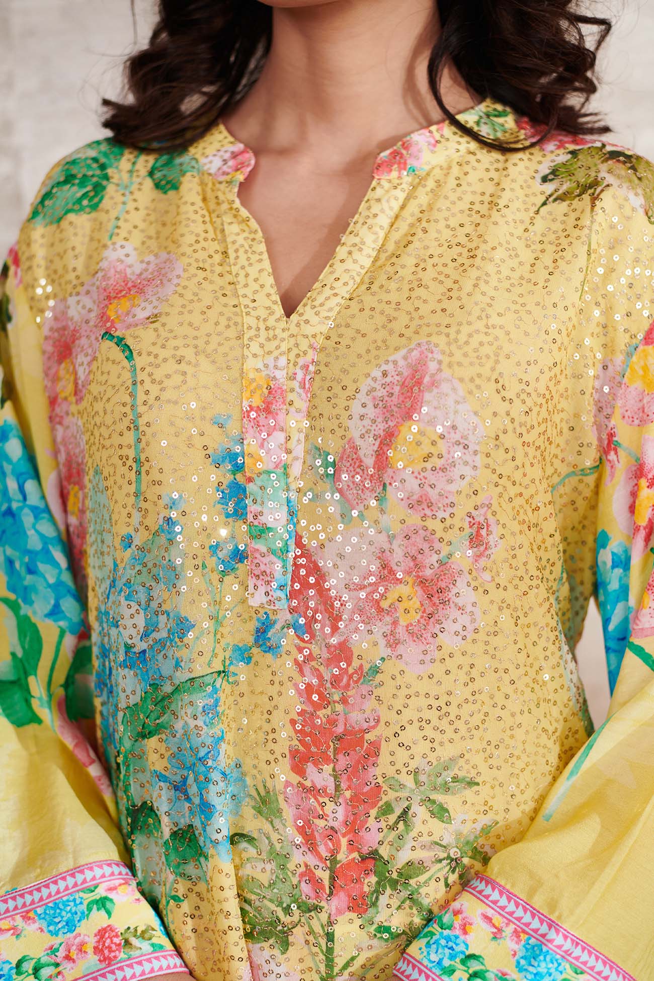 Yellow Sequin Georgette Printed Floral Notched Straight Kurta And Pant Set
