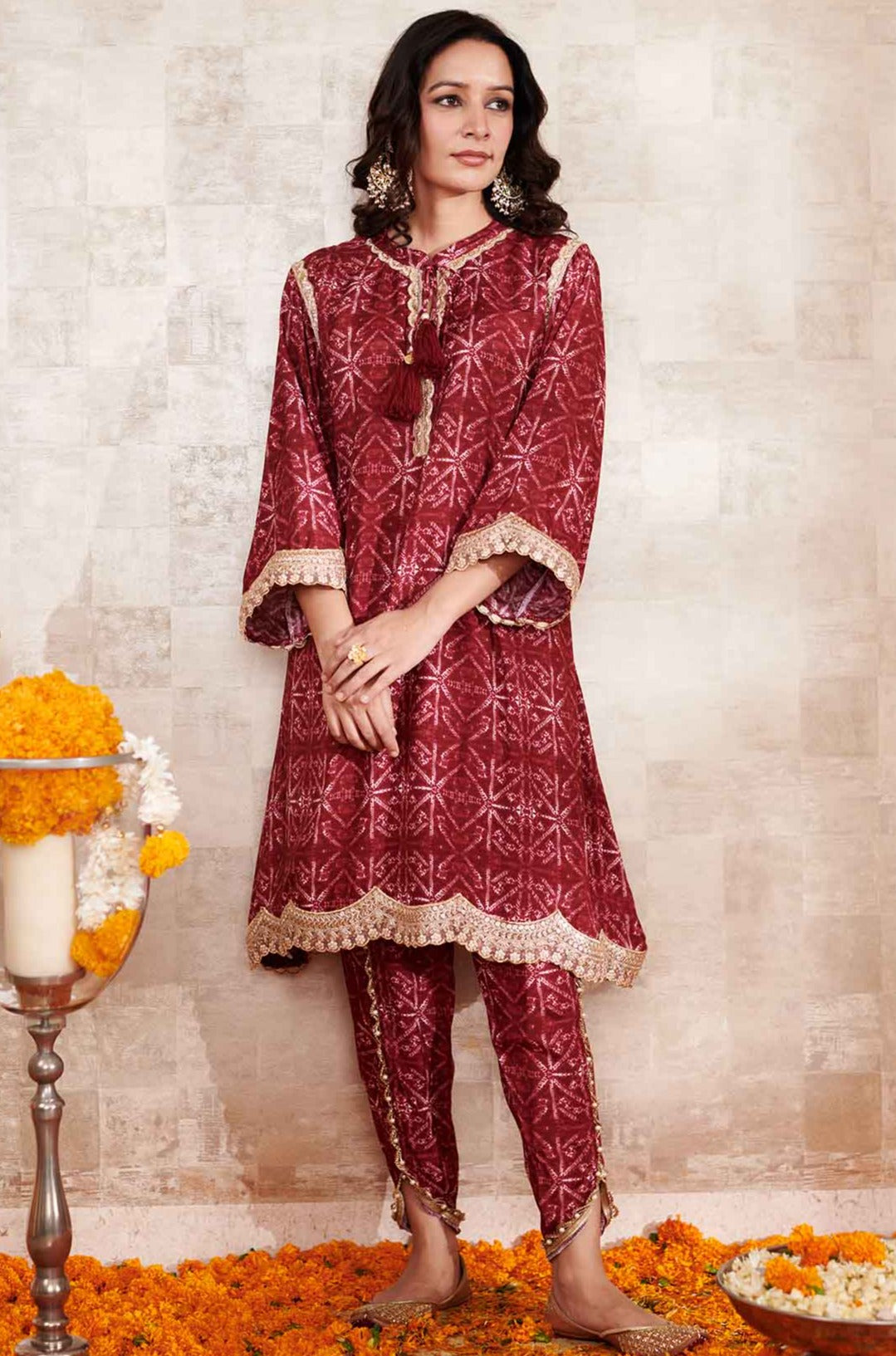 Maroon Cotton Silk Printed Geometric Round Lace Embroidered Kurta And Pant Set