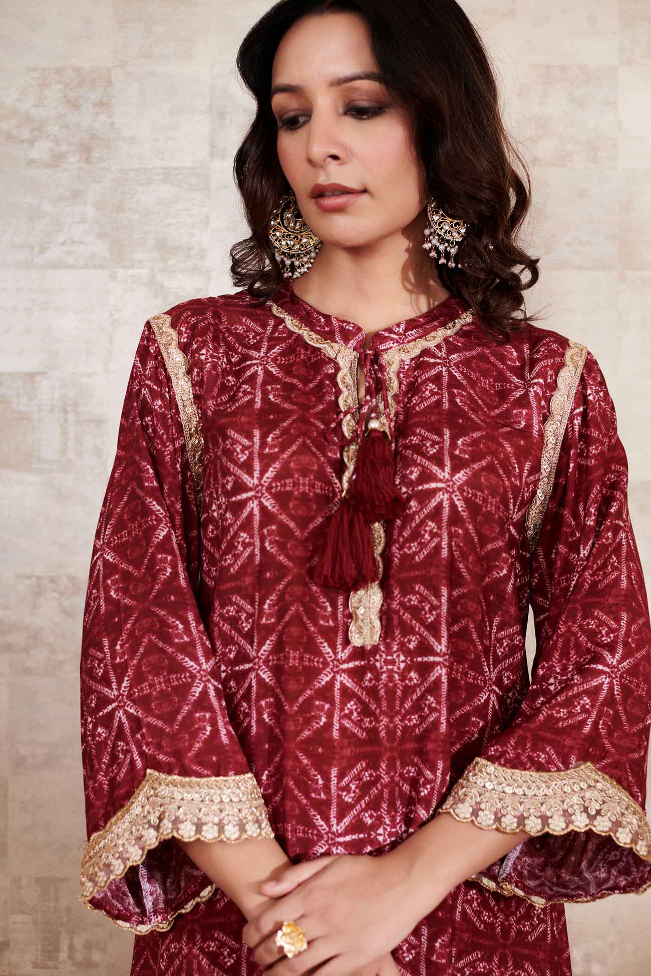 Maroon Cotton Silk Printed Geometric Round Lace Embroidered Kurta And Pant Set