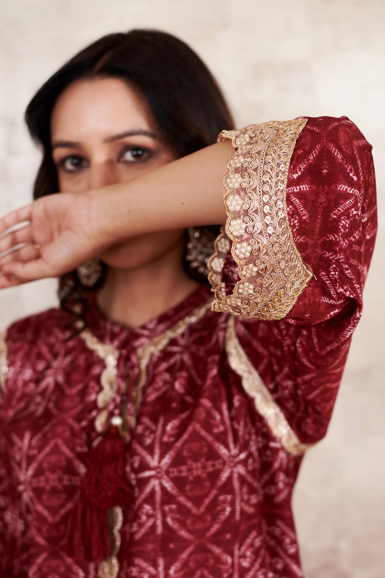 Maroon Cotton Silk Printed Geometric Round Lace Embroidered Kurta And Pant Set