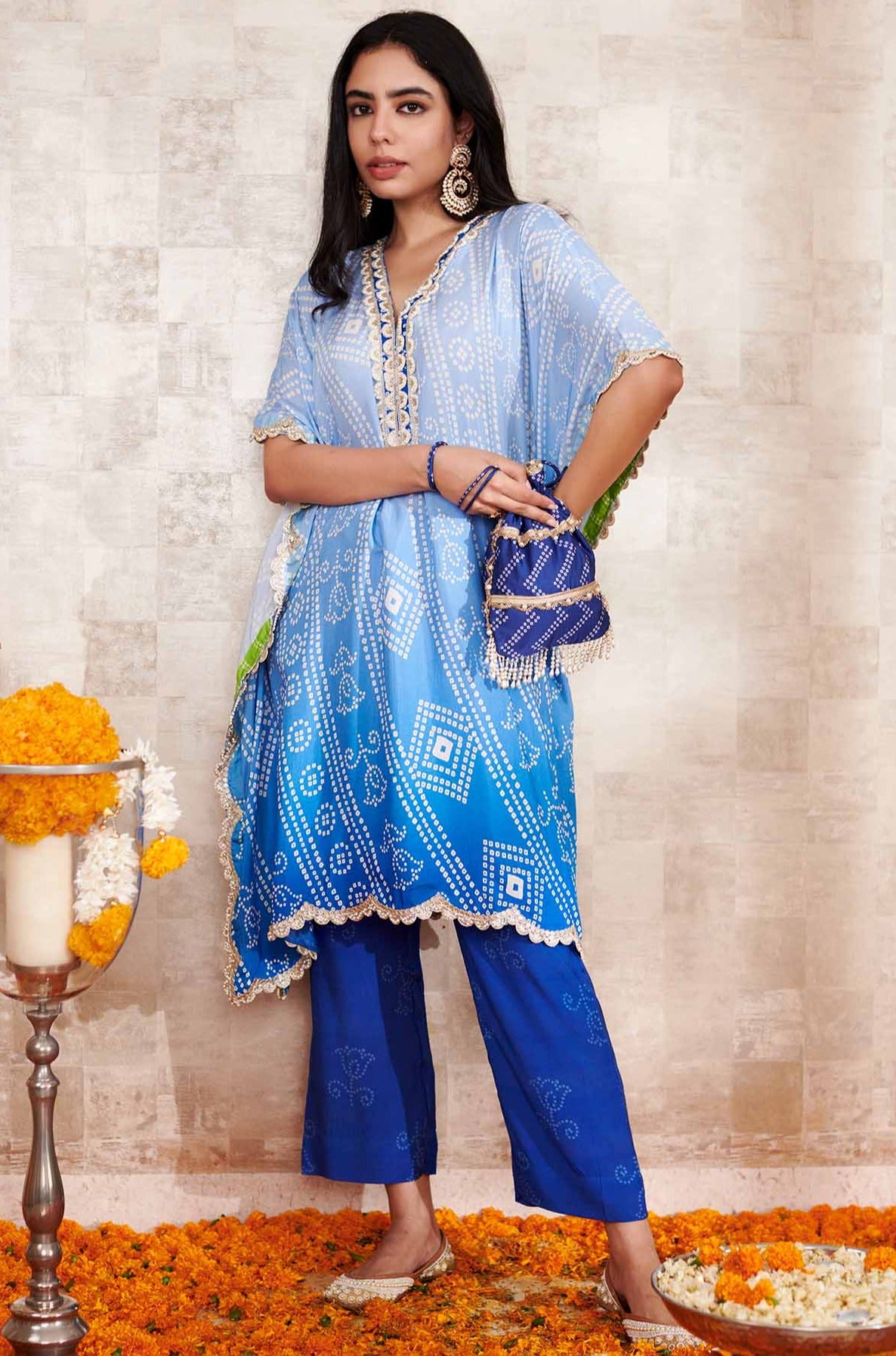 Blue Cotton Silk Printed Bandhani V Neck Kaftan And Pant Set