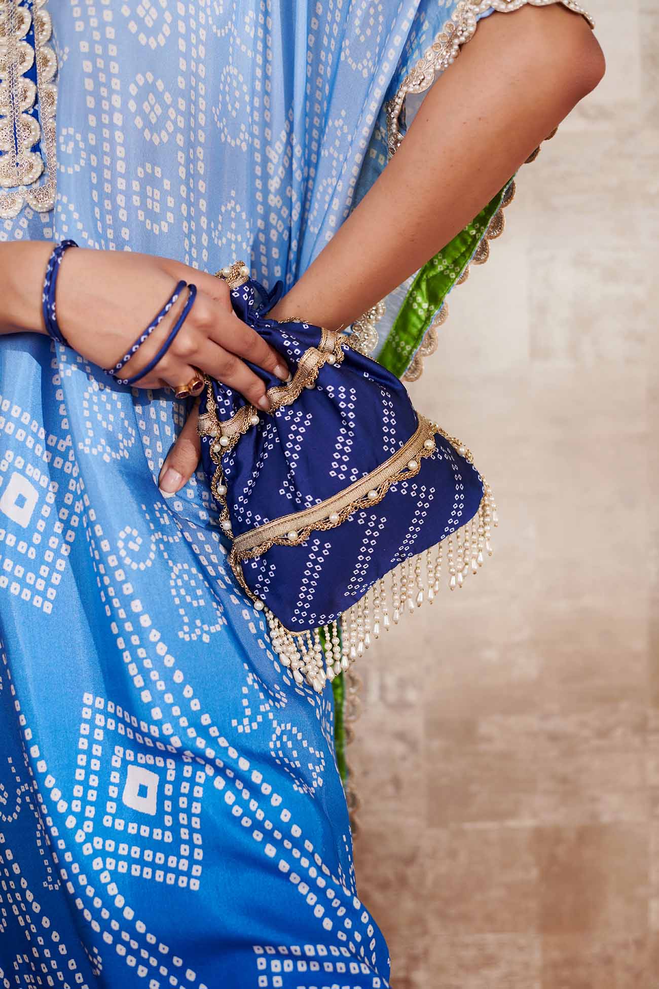 Blue Cotton Silk Printed Bandhani V Neck Kaftan And Pant Set