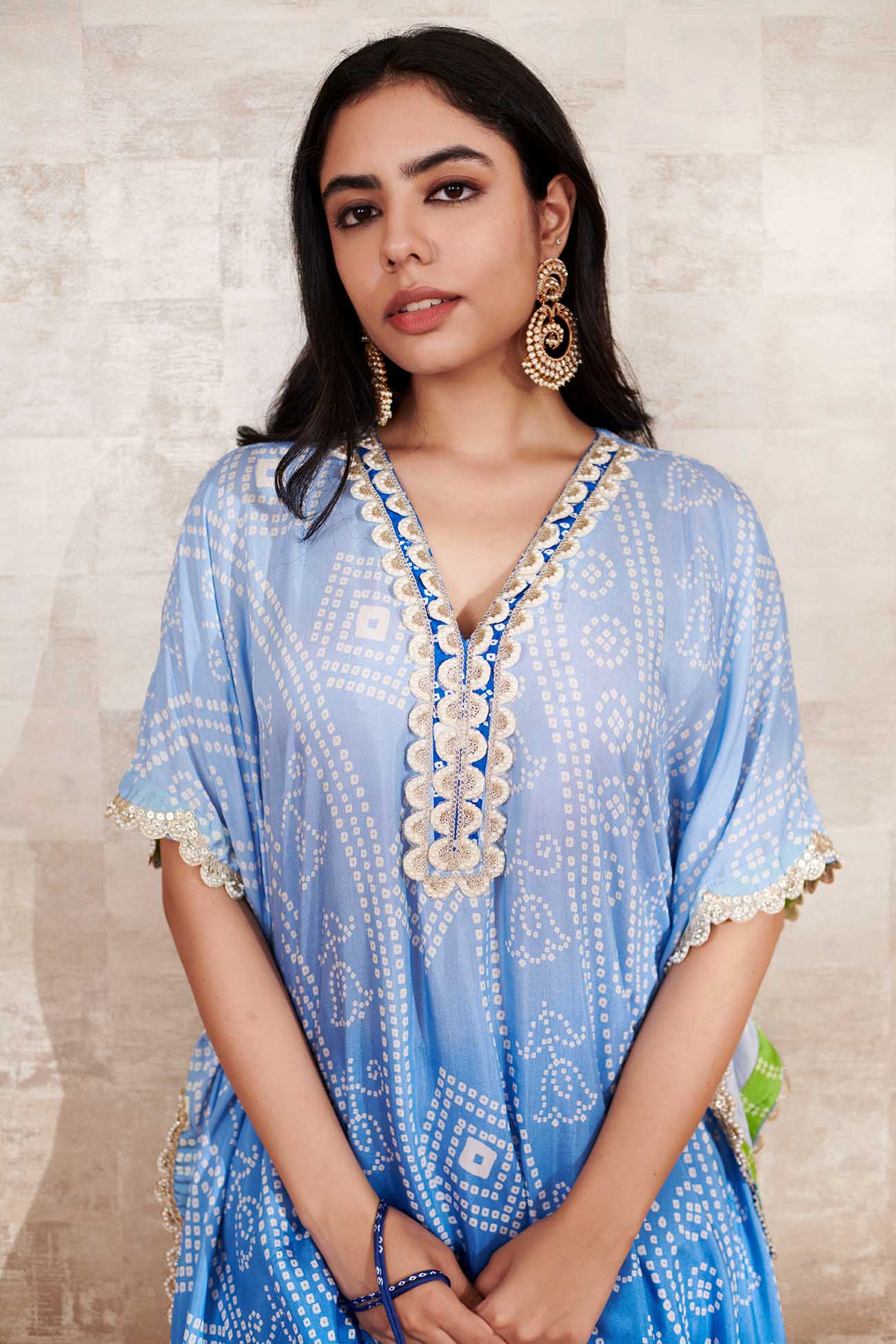 Blue Cotton Silk Printed Bandhani V Neck Kaftan And Pant Set