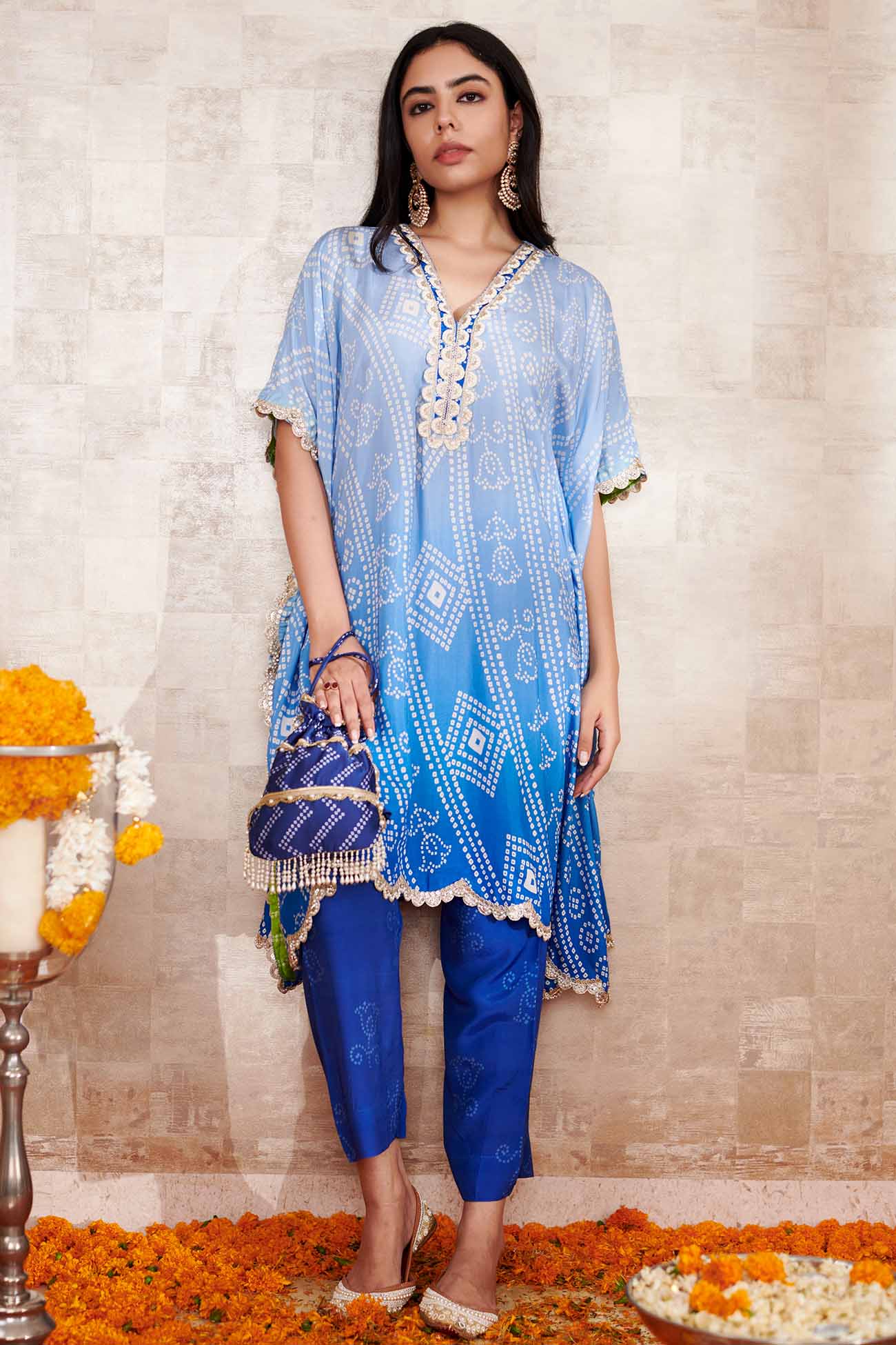 Blue Cotton Silk Printed Bandhani V Neck Kaftan And Pant Set