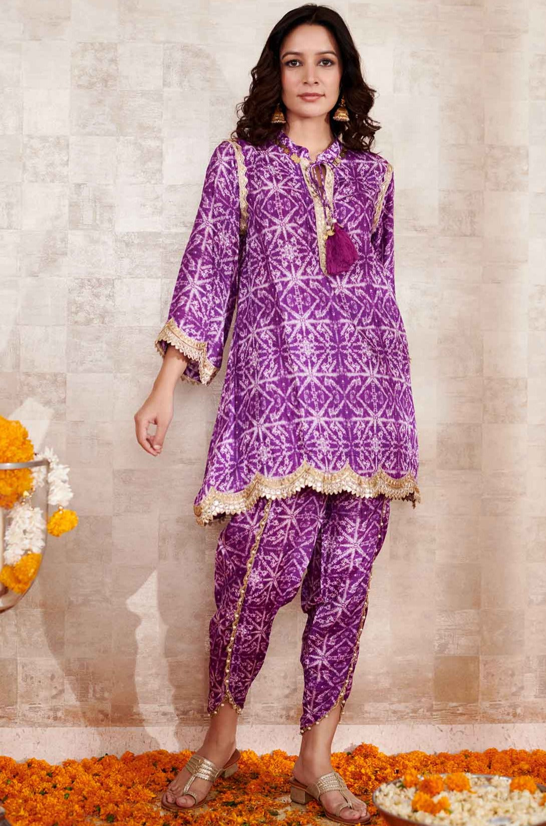 Purple Cotton Silk Printed Geometric Round Embroidered Kurta And Pant Set