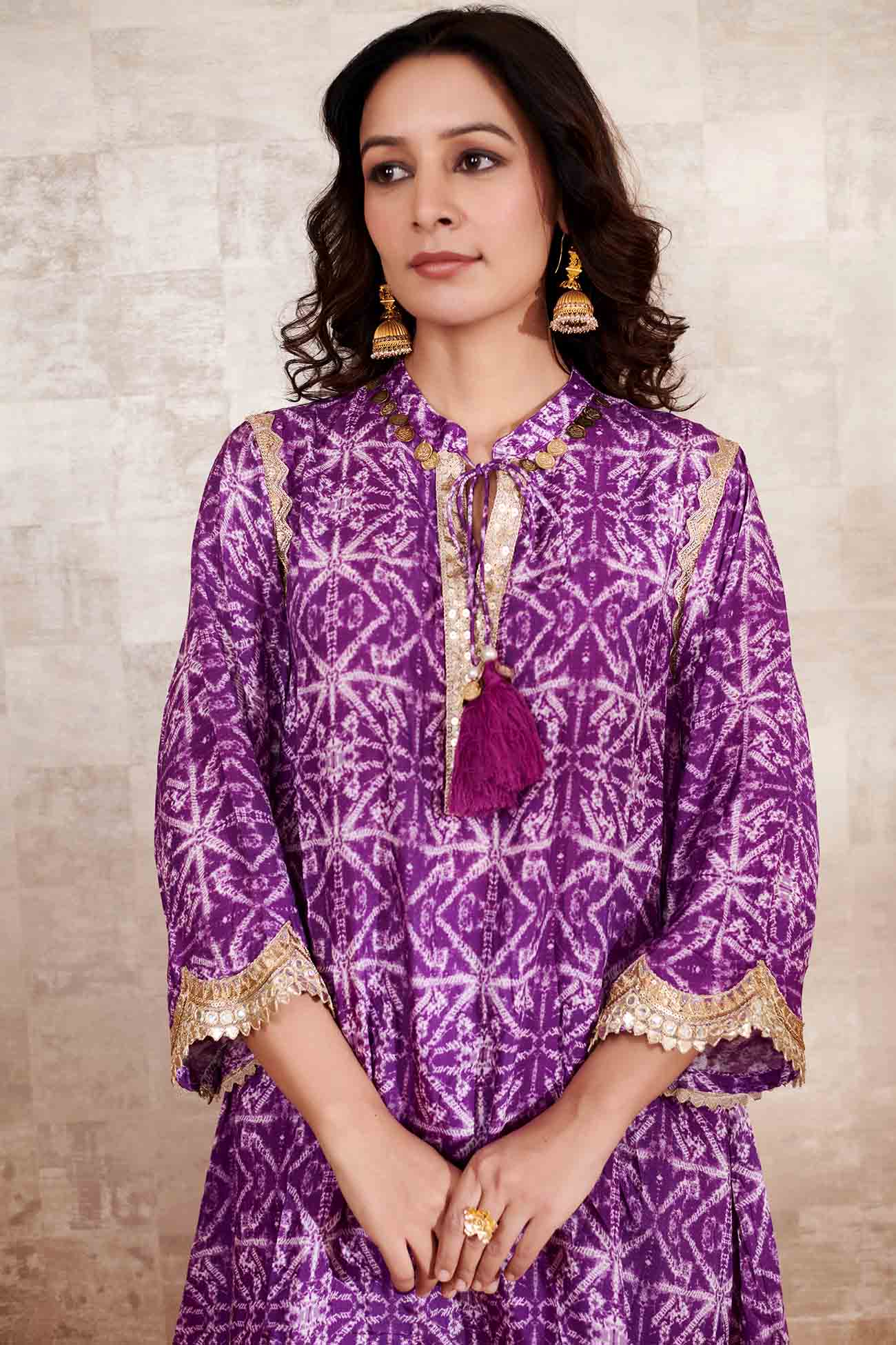 Purple Cotton Silk Printed Geometric Round Embroidered Kurta And Pant Set