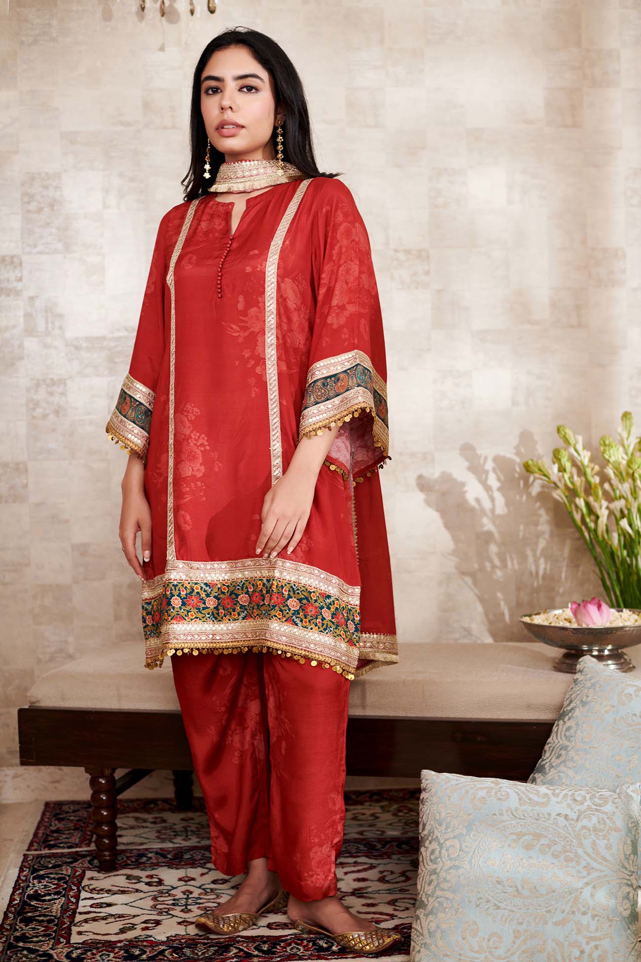 Red Cotton Silk Embroidered Thread Notched Kurta Pant Set