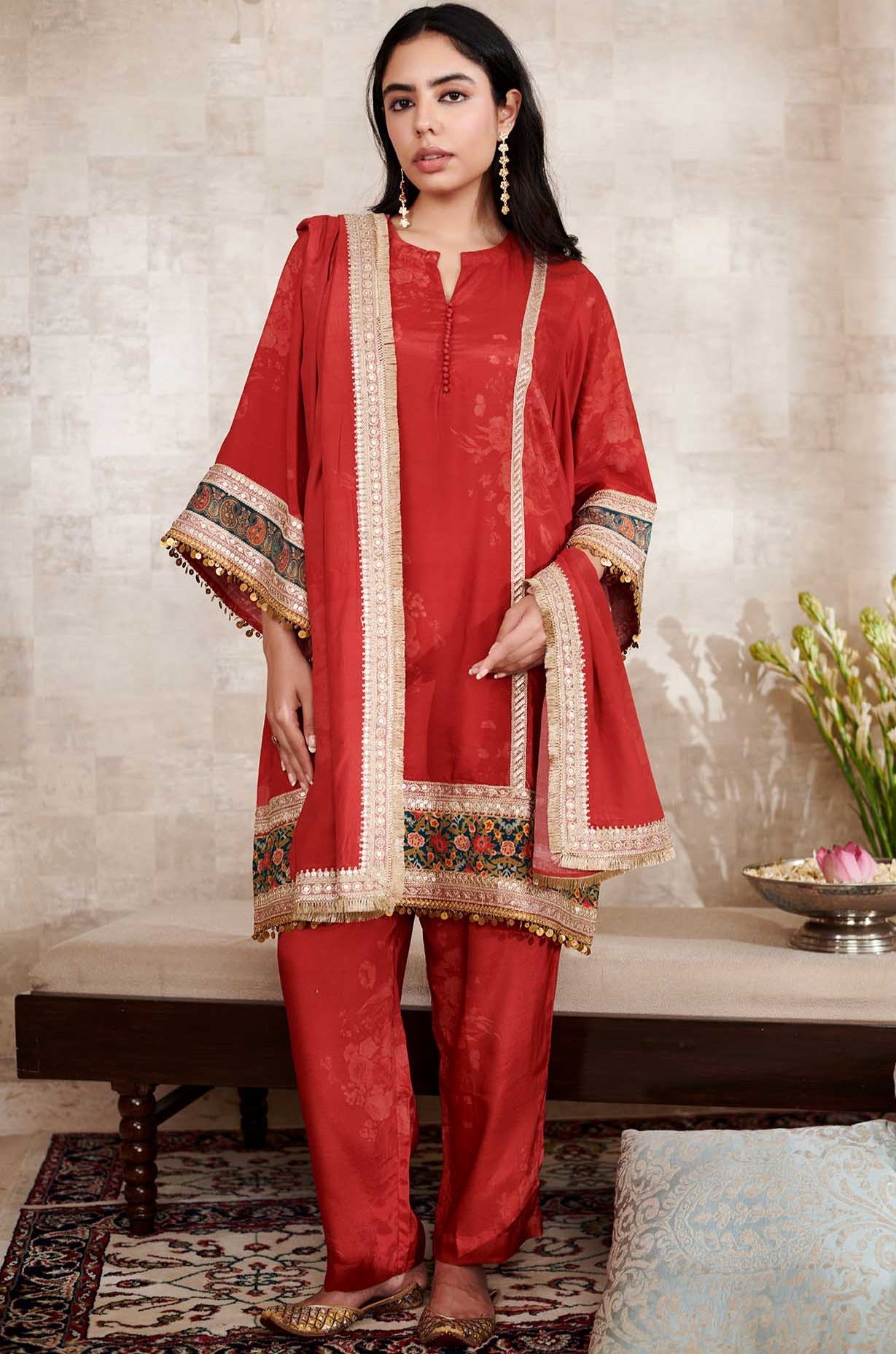 Red Cotton Silk Embroidered Thread Notched Kurta Pant Set